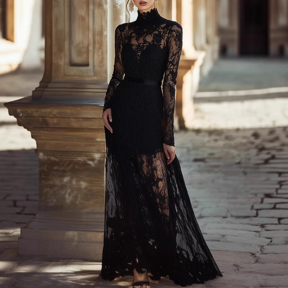 Women's Solid-color Hollow-out Vintage Stand-collar Long-sleeve Lace Maxi Dress With A Fitted Waist