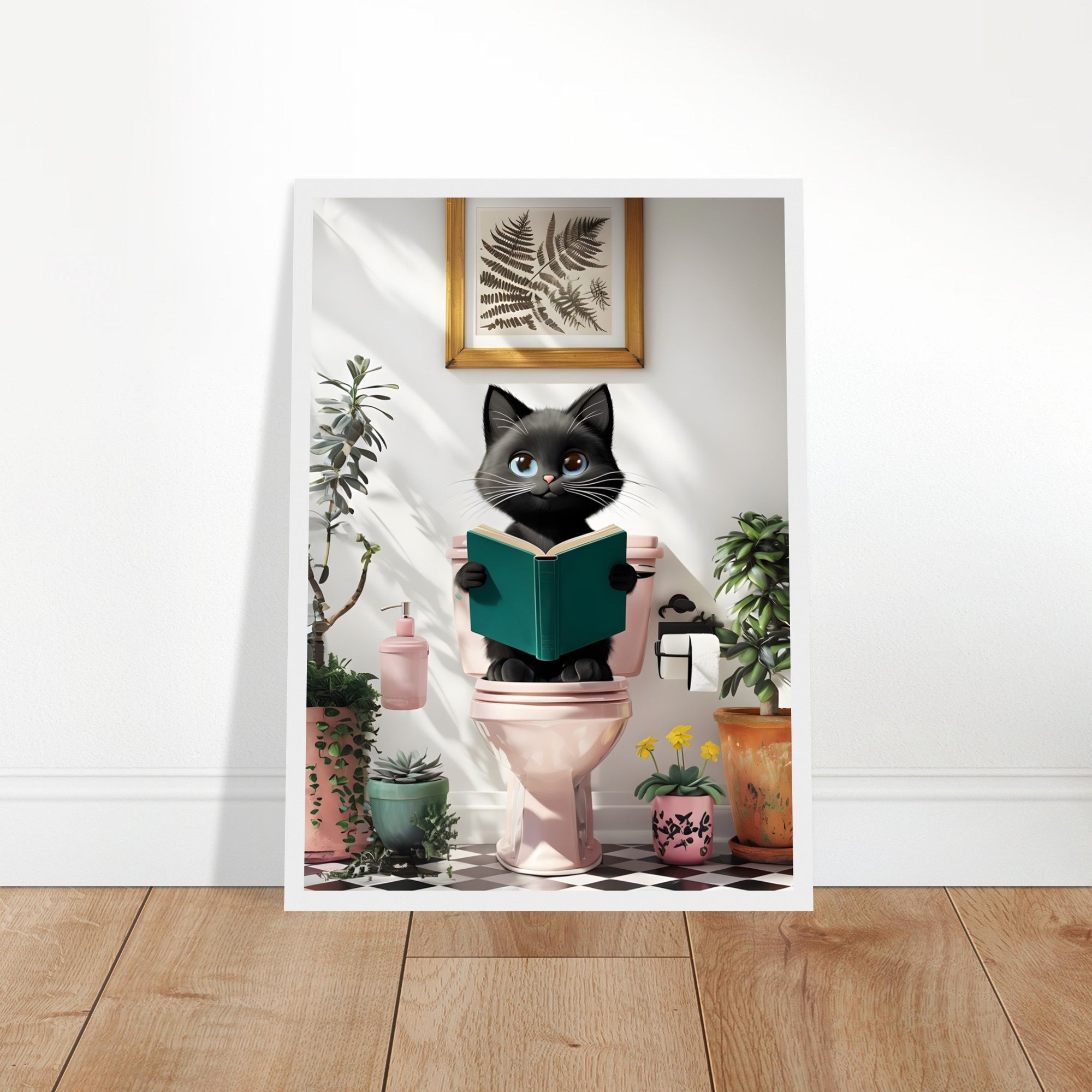 Framed Black Cat Poster – Quirky Bathroom Art with a Humorous Twist