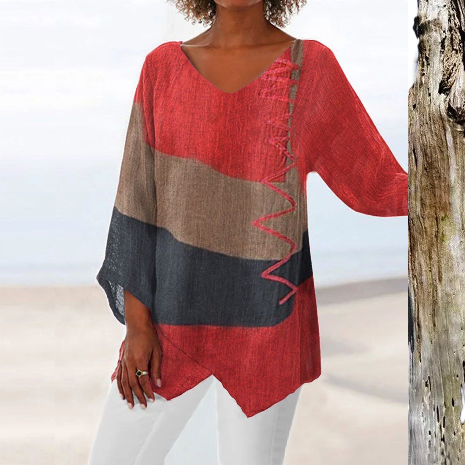 Ins Colorblock Print V-neck Long Sleeve T-Shirt Fashion Loose Tops Autumn And Spring Women's Clothing