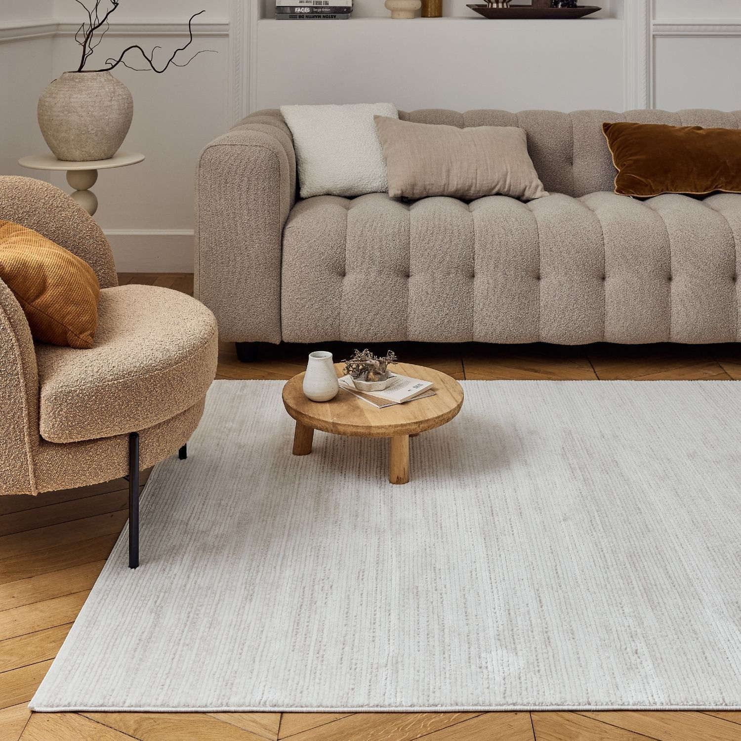 Carmel Cream-Beige Striped Rug | 6010