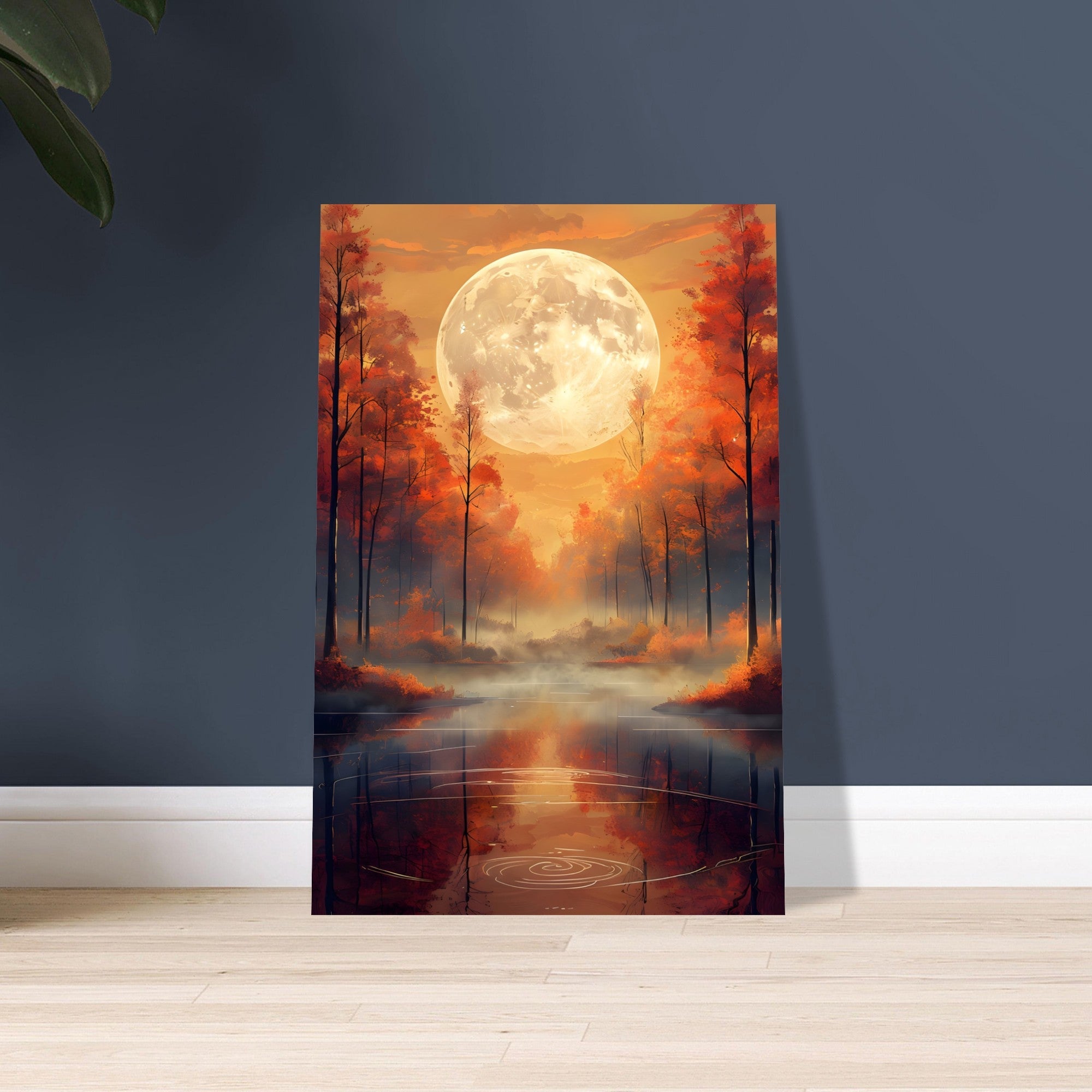 Experience the tranquility of nature with our "Serene Autumn Landscape with Luminous Full Moon" Art Poster