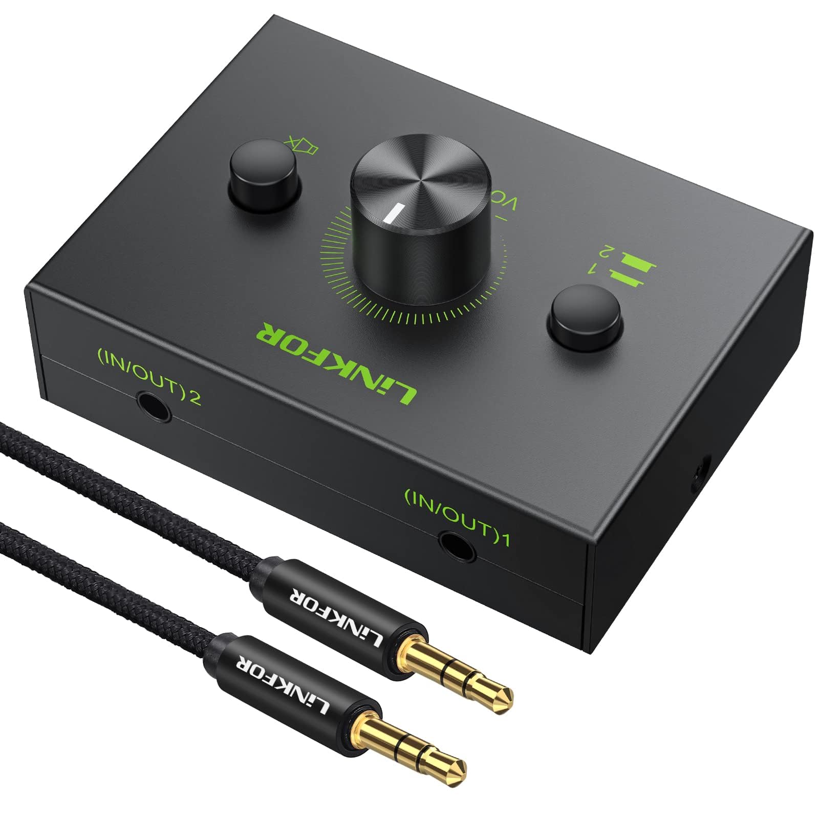 LiNKFOR 3.5mm Stereo Audio Switcher - Bi-Directional 2-in-1-out & 1-in-2-out Selector with Volume Control & Mute Button for PC, Laptop, Phone, Speaker