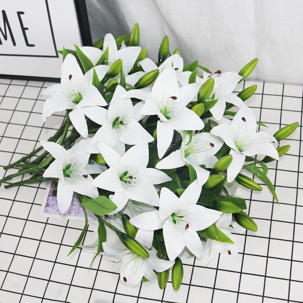 Olrla 20pcs White Artificial Lily Flowers, Real Touch Tiger Lily Easter Lily Fake Spring Flowers for Wedding Home Office Easter Decoration