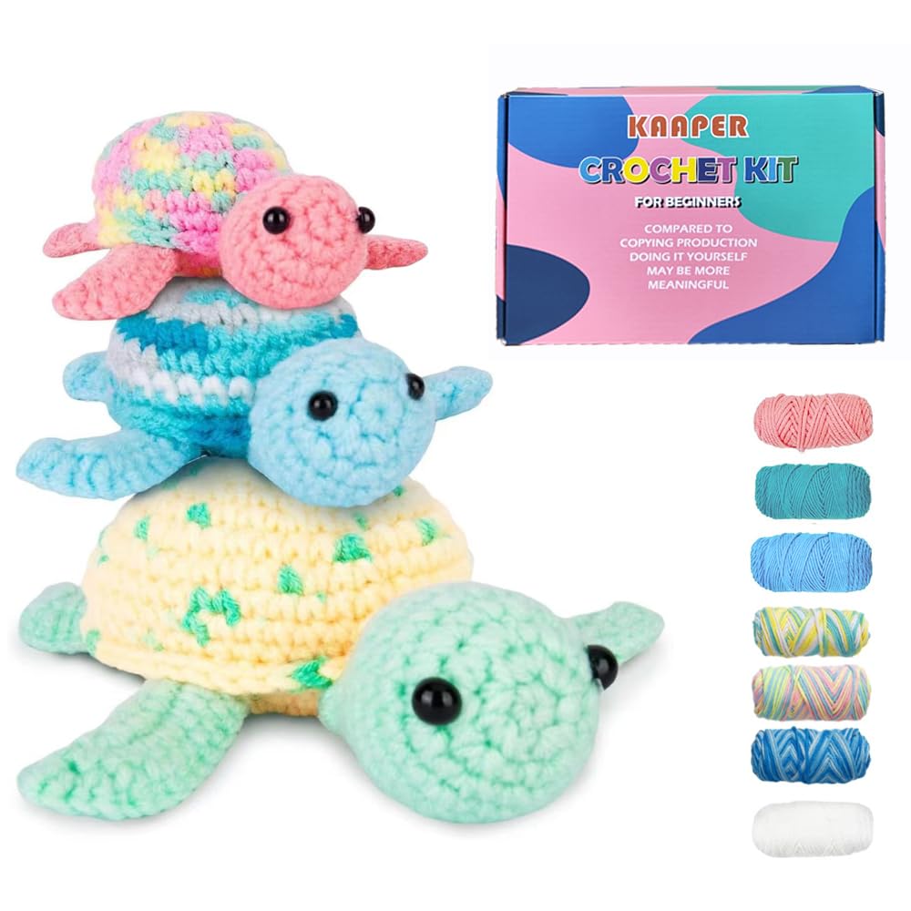 Kaaper Crochet Kit for Beginners Adults and Kids, Beginner Crochet Animal Kit Turtles Family Kit 3 pcs, Crochet Starter Kit & Knitting Supplies with