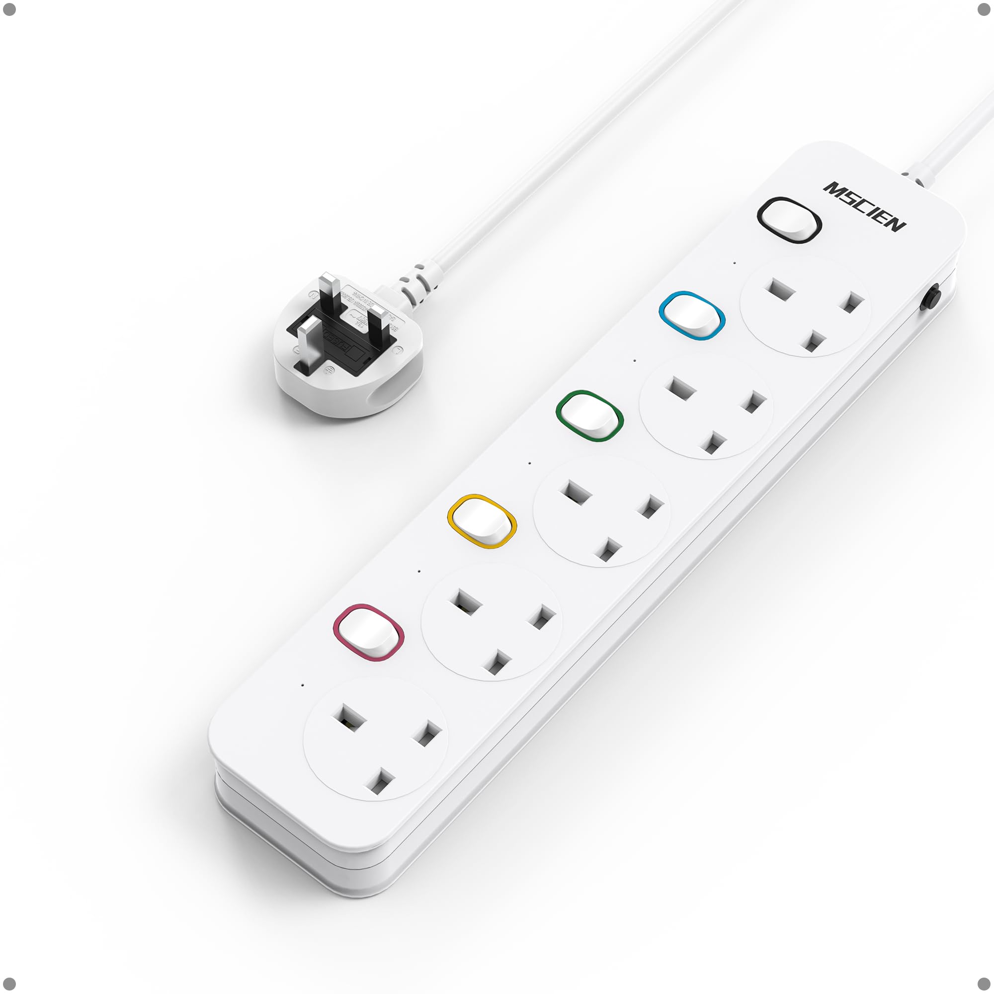 Mscien Long Extension lead 5M 5 Way, 5M Extension Lead Wall Mounted with Multiple Protection, Fused Power Strip with Individual Switches, Multiple
