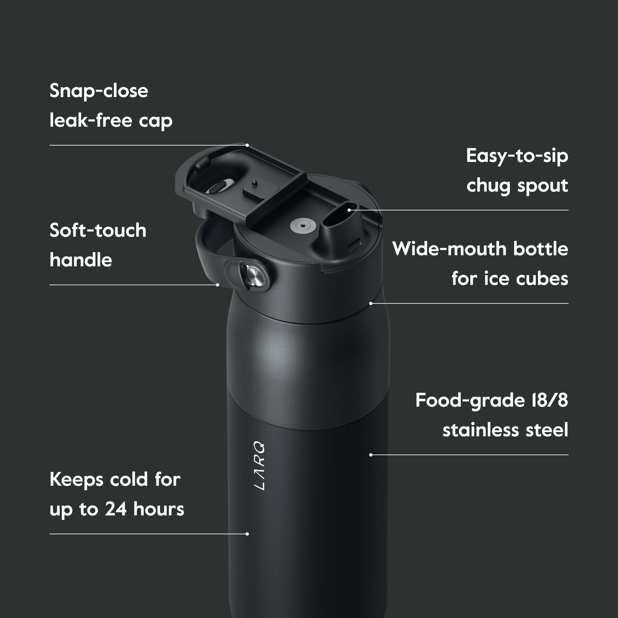 LARQ Bottle Swig Top 23oz - Insulated Stainless Steel Water Bottle with Built-in Silicone Handle | Thermos, BPA Free | Reusable Water Bottle for