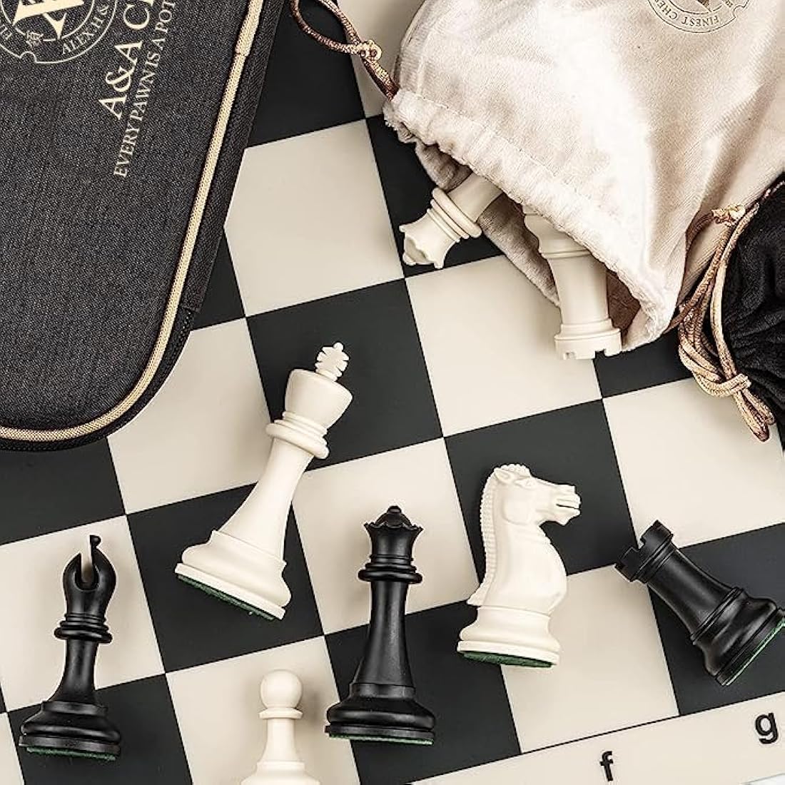 A&A Tournament Chess Set / 20'' x 20'' Foldable Silicone Chess Board / 3.75'' King Height Plastic Quadruple Weighted Classic Staunton Pieces/Storage Bag