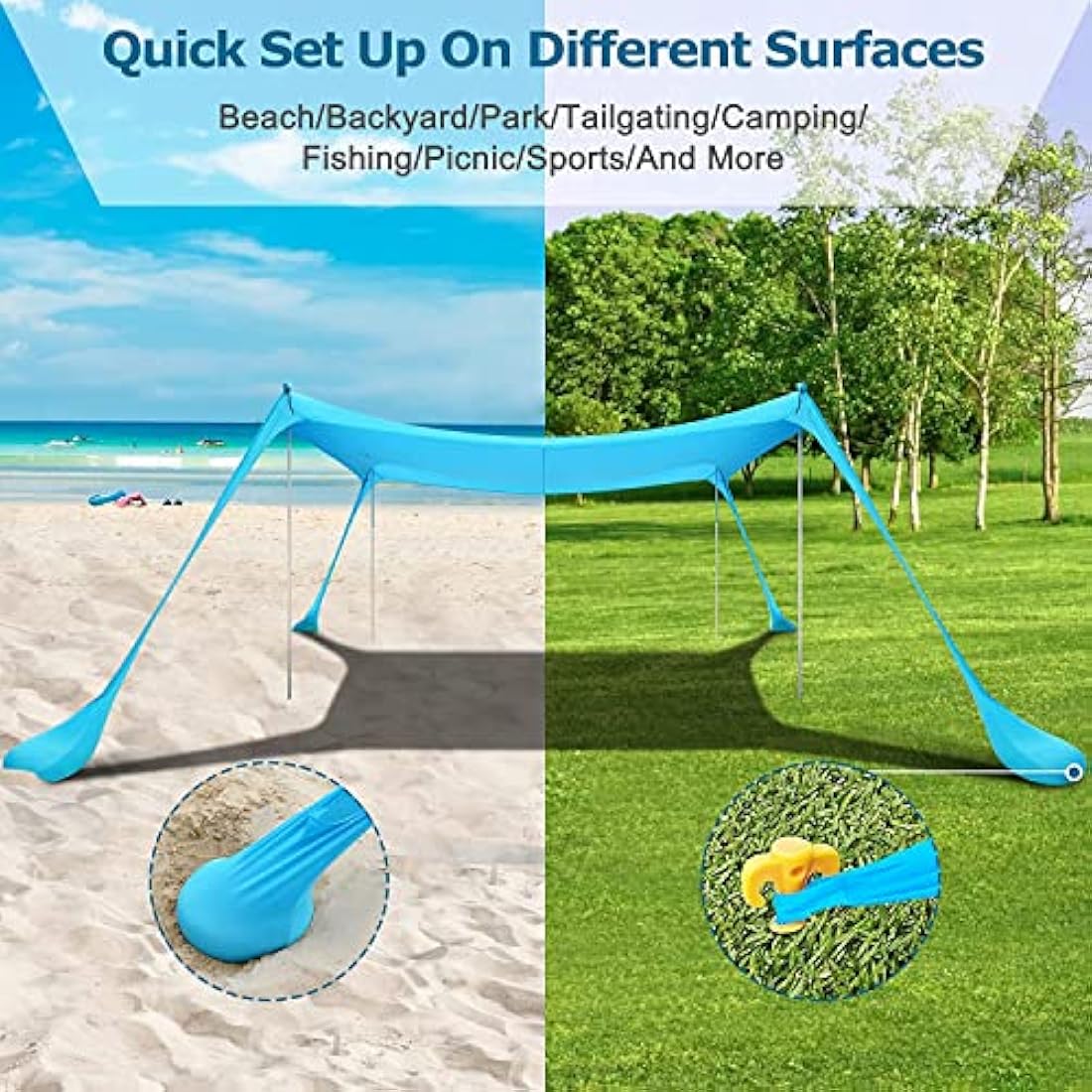 COMMOUDS Beach Tent Sun Shelter, UPF50+ Beach Shelter Canopy 2.1m x 2.1m, Portable Beach Umbrella Sun Shade with 4 Aluminum Poles, Easy Set Up Family Shelter for Beach, Camping, Fishing, Outdoors