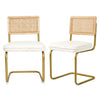 CangLong Fleece Dining Chairs Set of 2 Mid-Century Modern Kitchen Side Chair, Armless Accent Chairs with Natural Rattan Backest & Golden Metal Legs