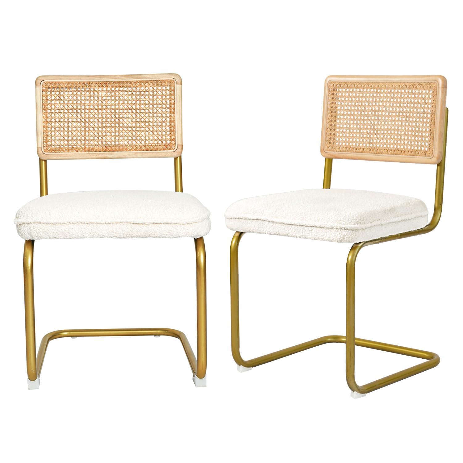CangLong Fleece Dining Chairs Set of 2 Mid-Century Modern Kitchen Side Chair, Armless Accent Chairs with Natural Rattan Backest & Golden Metal Legs