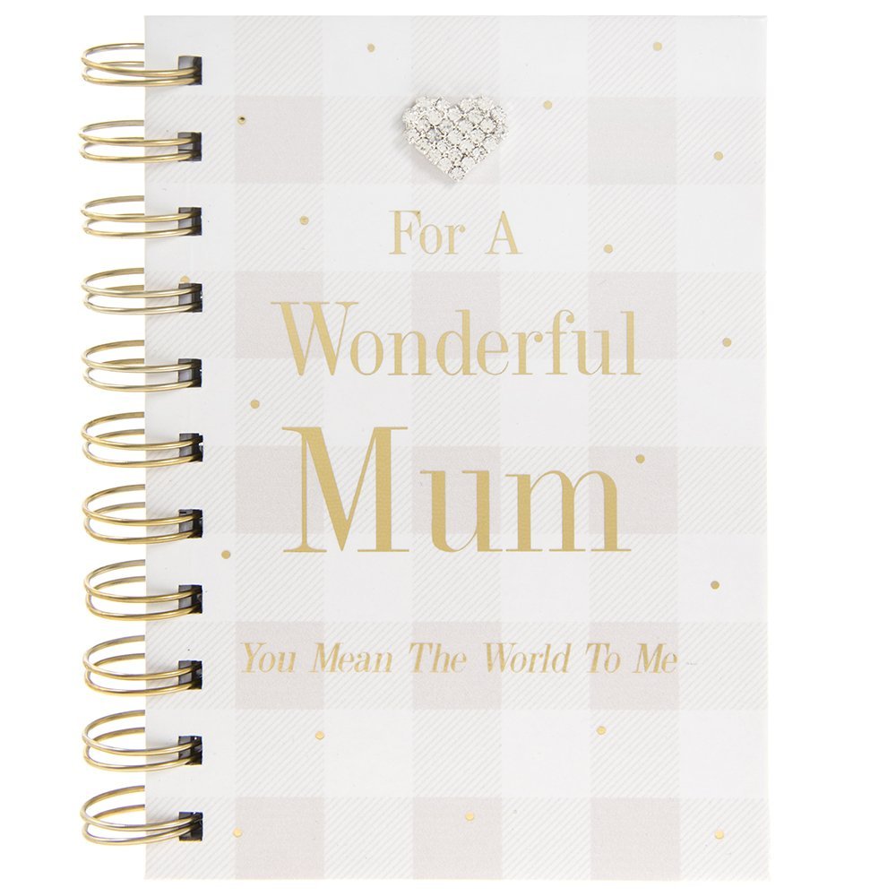 For a Wonderful Mum - Pink and White Checked Notebook with Diamante Heart