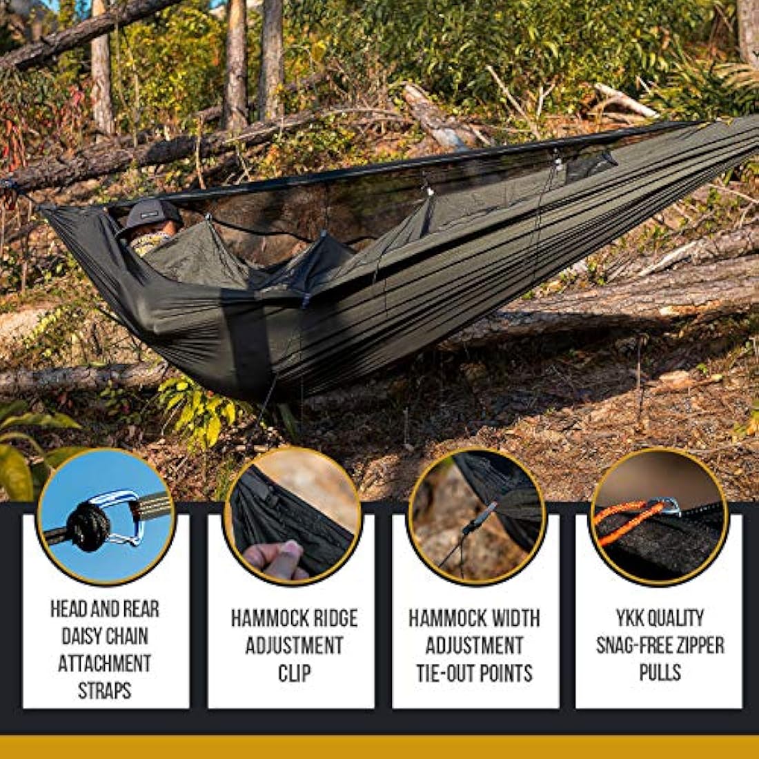 OneTigris KOMPOUND Camping Hammock with Net, Lightweight Portable Hammock with Warm Internal Cover & Tree Friendly Straps for Backpacking, Camping, Hiking, Travel, Beach, Backyard Od Green