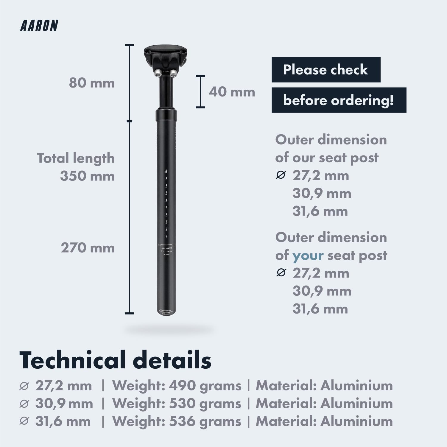 AARON - Spring Suspension Bike Seat Post - Aluminum Saddle Seatpost for E Bicycle, MTB, Trekking Bikes, City Bikes - 27.2mm Diameter, 13.8" (350mm)