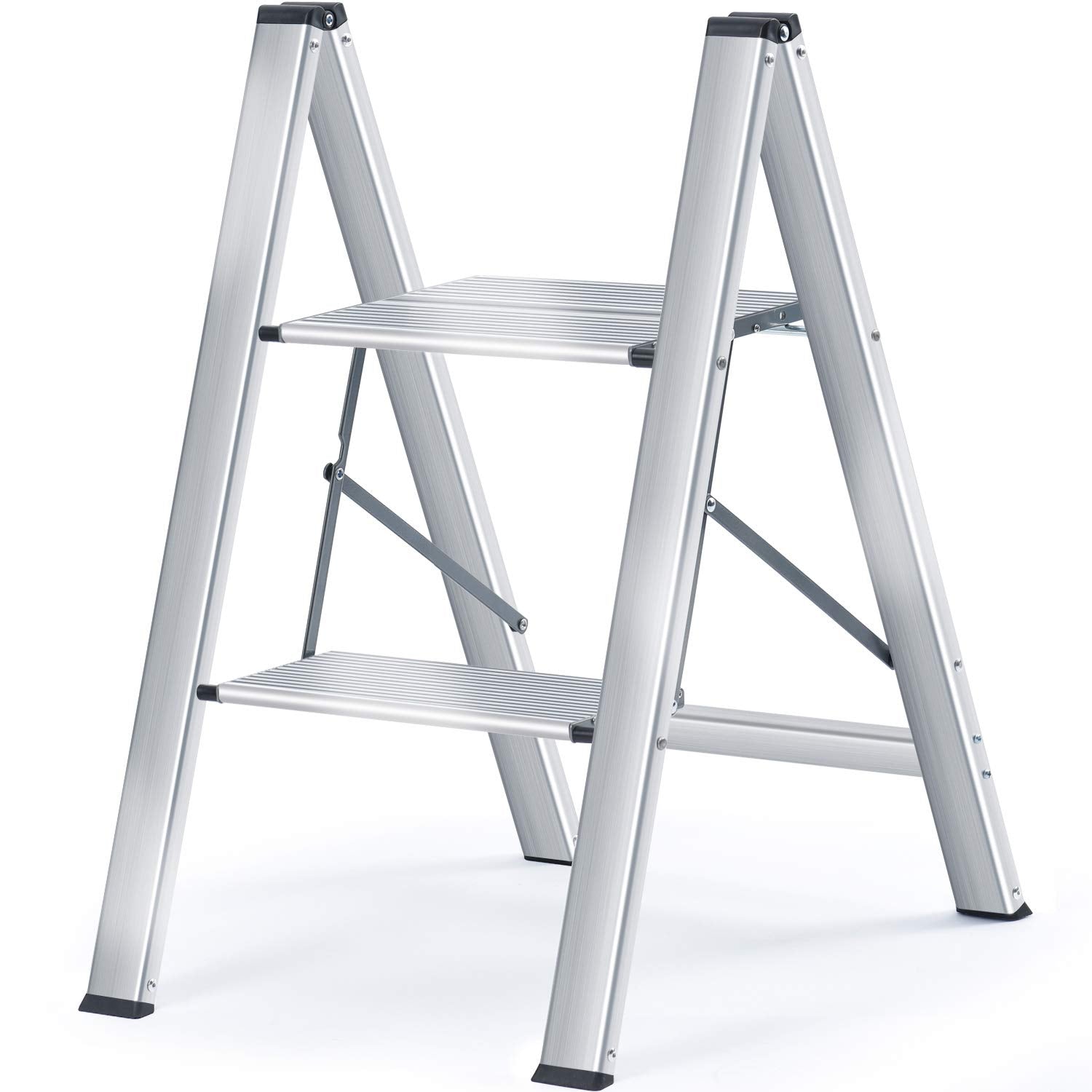 KINGRACK Aluminium 2 Step Ladder with Wide Steps, Lightweight Folding Ladder, Portable Slim Step Stool, Safety Household Ladder Stepladder with