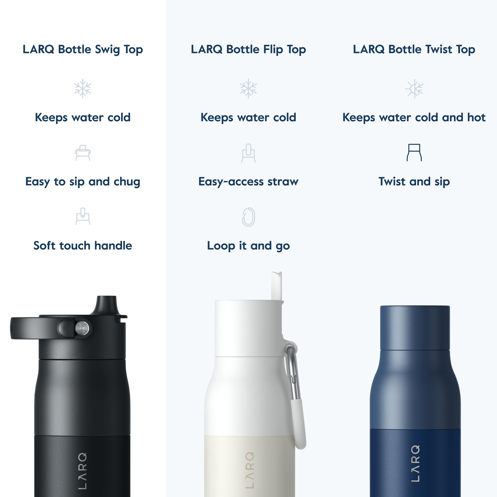 LARQ Bottle Swig Top 23oz - Insulated Stainless Steel Water Bottle with Built-in Silicone Handle | Thermos, BPA Free | Reusable Water Bottle for