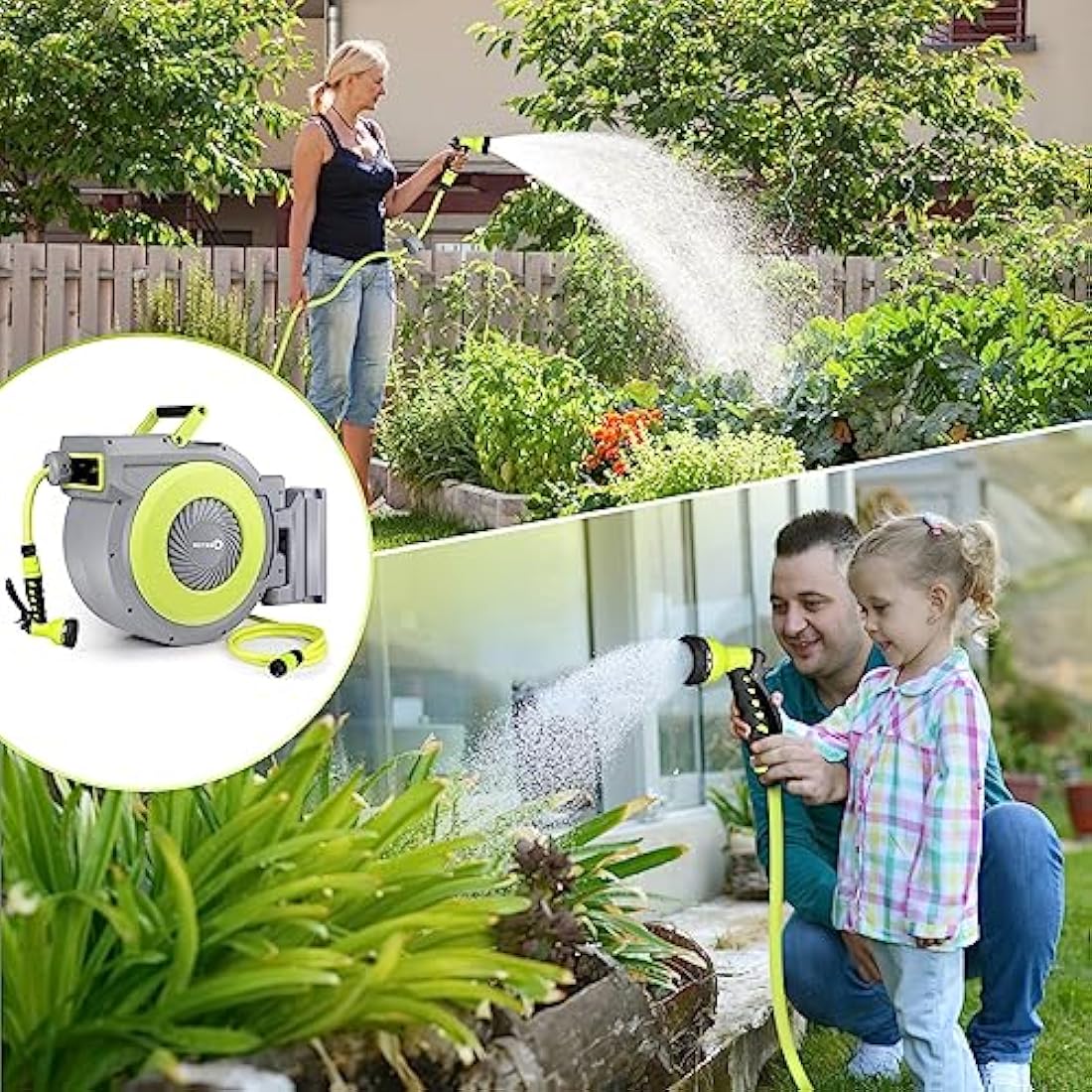 Bietor Retractable Garden Hose Reel Wall Mounted, Heavy Duty Water Hose Reel 40m+2m, with 9 Pattern Hose Nozzle, Slow Return System, Any Length Lock, 180°Swivel Bracket