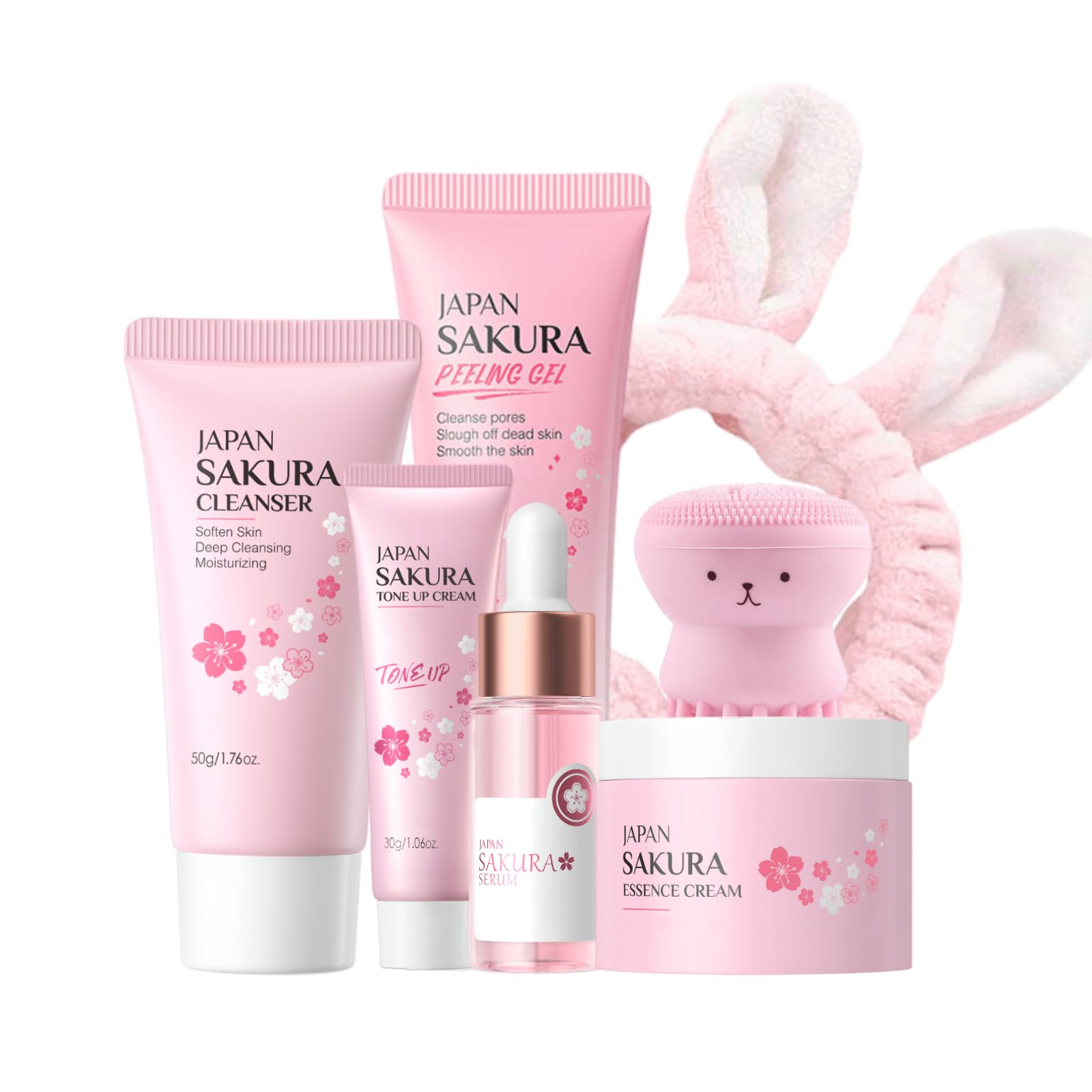 Sakura Skincare Gifts for Teenage Girls, Skincare Set with Hydrating Face Wash, Serum, Moisturizing Cream, Peeling Gel & Tone-Evening Primer, Skin
