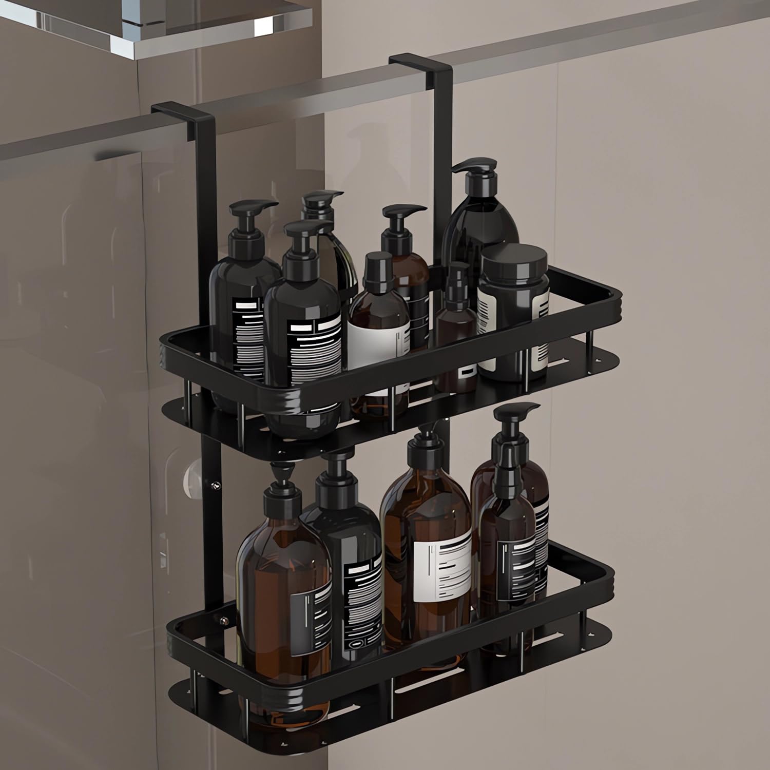 ZYNERY Shower Caddy Hanging, 2 Tier Over Door Shower Shelf With 4 Hooks, Bathroom Storage Rack No Drill for Shampoo and Razor Soap, Bathroom Storage