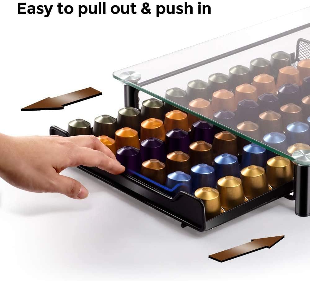 MASTERTOP Coffee Pod Holder - Gorgeous Coffee Pod Storage Drawer Holder for 60 Capsules, Functional Coffee Storage Drawer Holder, Tempered Glass, 1