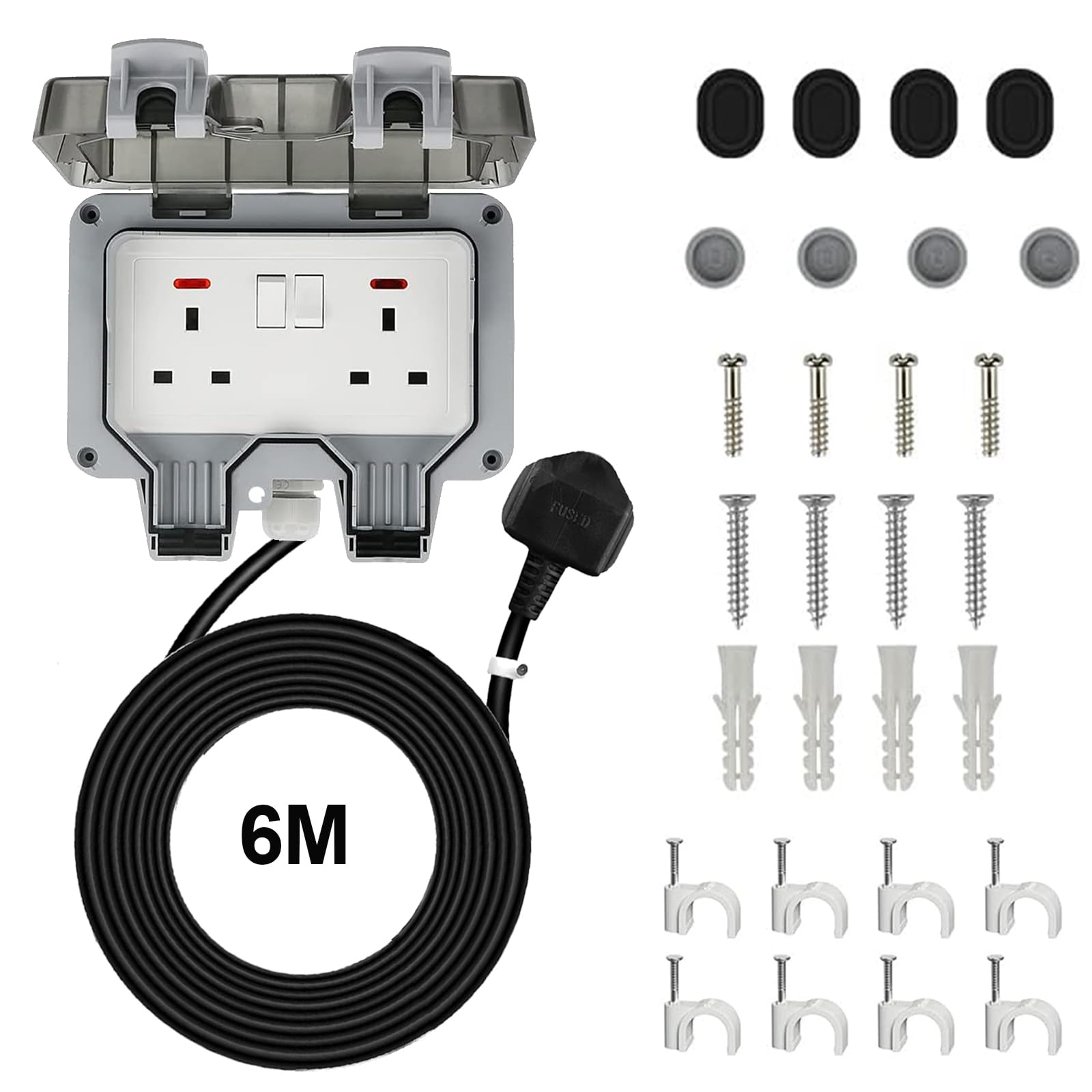 Bkiyougo Double Socket, outdoor sockets waterproof IP66 with 6M Extension Lead, Weatherproof Outdoor Plug Sockets, Exterior Wall Garden, 2 Gang Storm