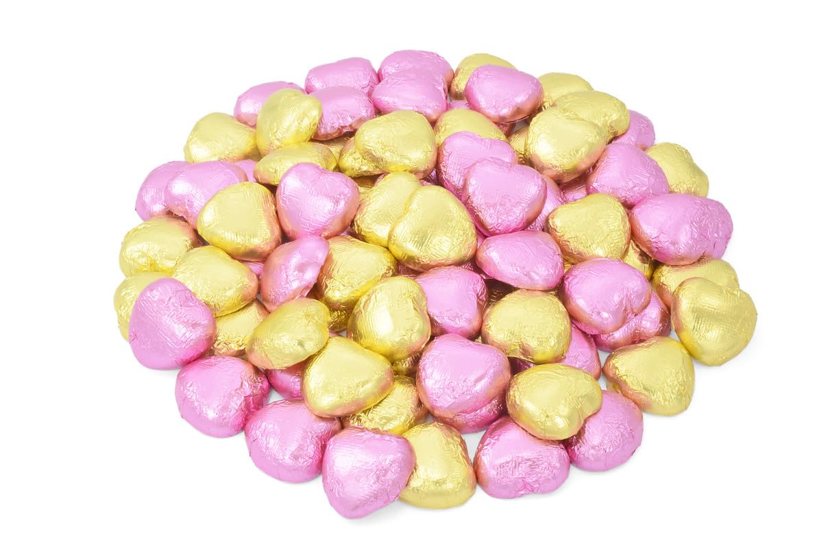 Wyeland Confectionery Pink and Gold Luxury Milk Chocolate Hearts Foil-Wrapped - Pack of 100 - For Wedding Favours and Mothers Day