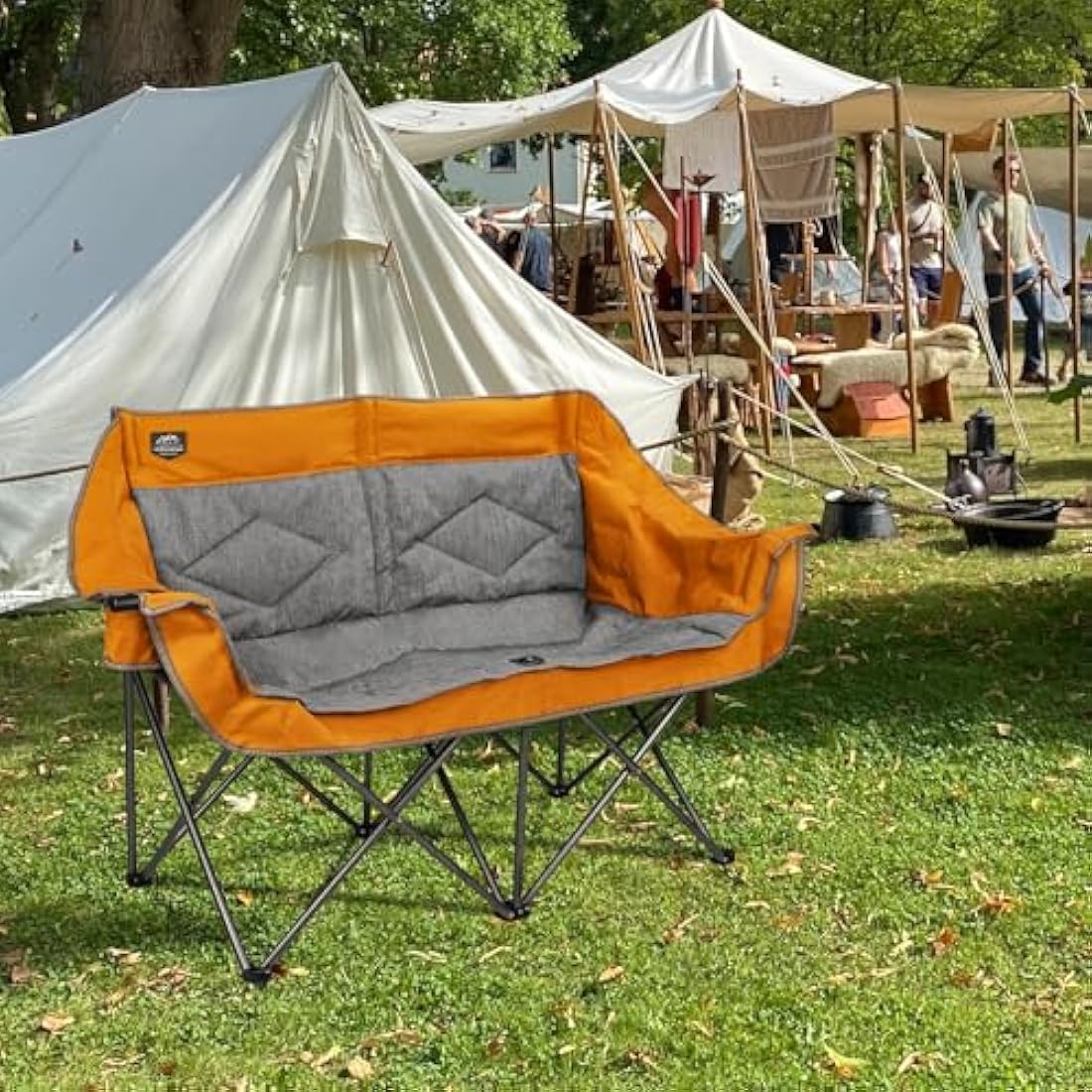 LANMOUNTAIN Folding Loveseat Camping Chair, Portable Double Chair w/Cup Holder,Wine Glass Holder,Carry Bag Heavy Duty Lawn Chair for 2 Adults,Perfect for Camp,Hiking,Picnics and Beach Trips,Orange