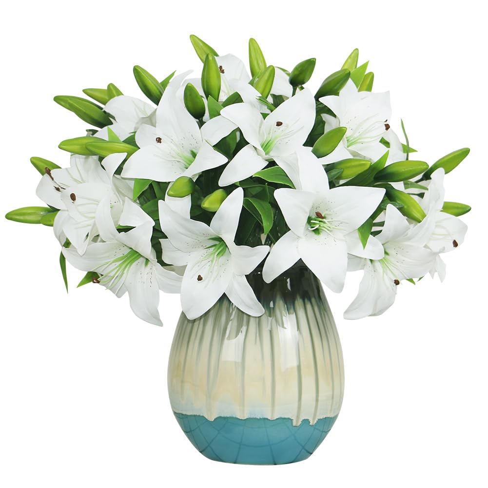 Olrla 20pcs White Artificial Lily Flowers, Real Touch Tiger Lily Easter Lily Fake Spring Flowers for Wedding Home Office Easter Decoration