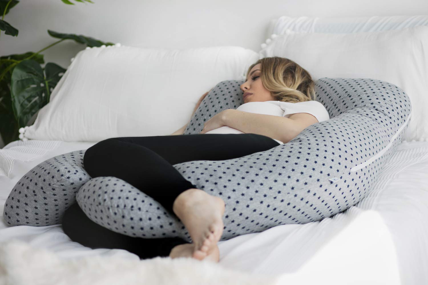 PharMeDoc Pregnancy Pillow with Jersey Cover, U Shaped Full Body Pillow (Grey with Star Pattern)