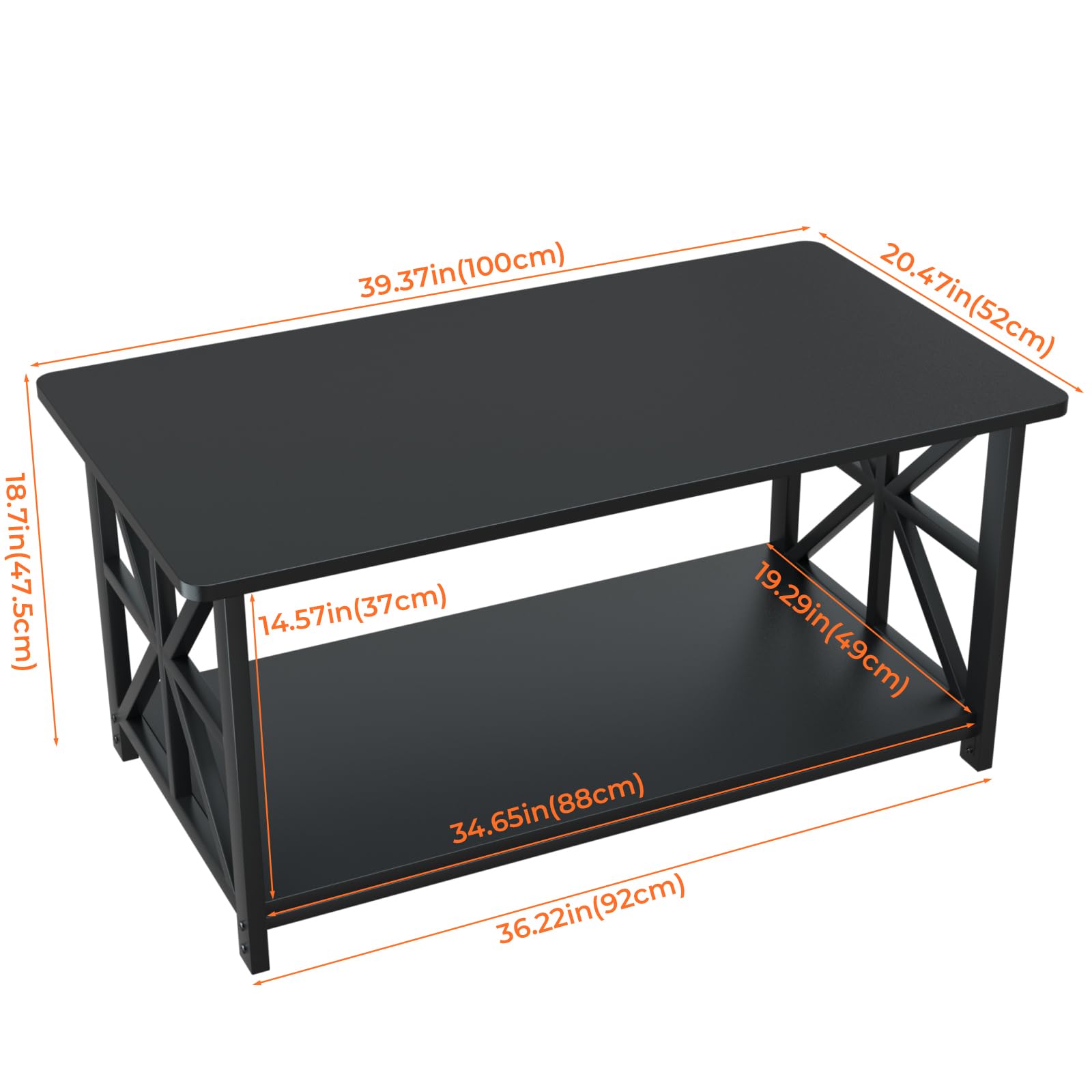 GreenForest Coffee Table with 2-Tier Storage,100 cm Living Room Table with Round Corner, Center Table with X-Frame Design for Home Office,Black