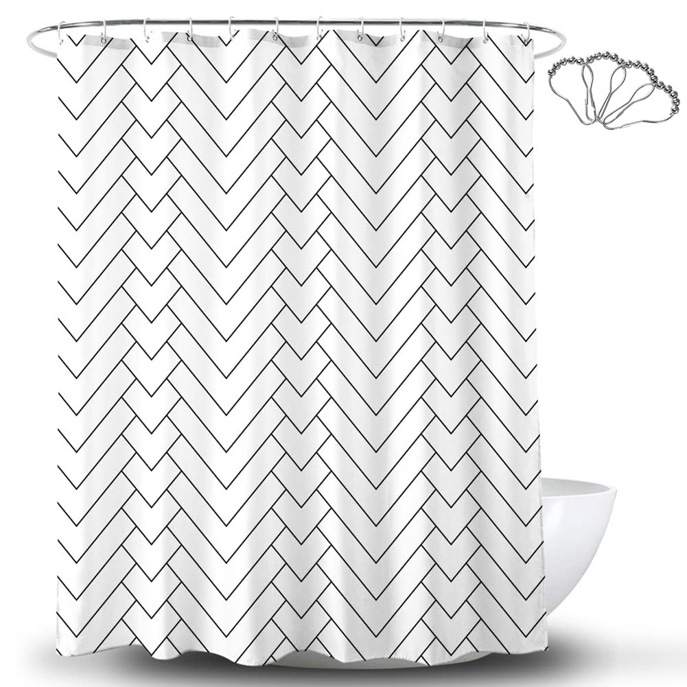 DeKeLaiFu Black and White Shower Curtain Cloth Fabric Geometric Chevron Design with Steel Hooks, Simple Modern Striped White Shower Curtains Bathroom