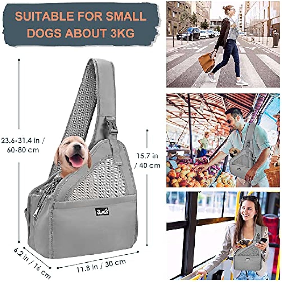 Nasjac Pet Dog Sling Carrier, Hands Free Papoose Front Carrier Small Dog Puppy Walking Breathable Mesh Hard Bottom Support Adjustable Padded Strap Pocket Safety Belt Travel Bag Washable