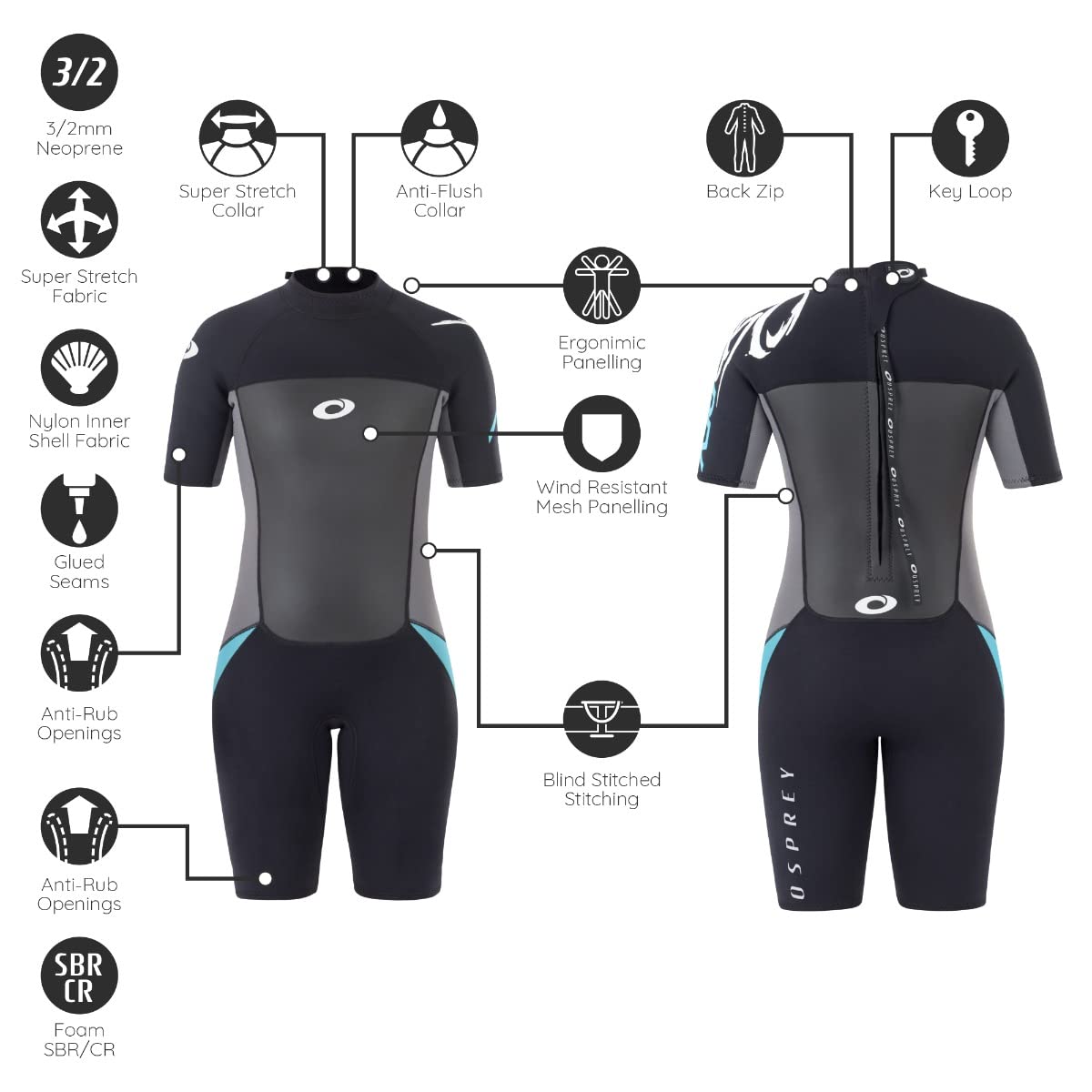 Osprey Women's Osp L - Origin Shorty Wetsuit, Black Blue, L UK