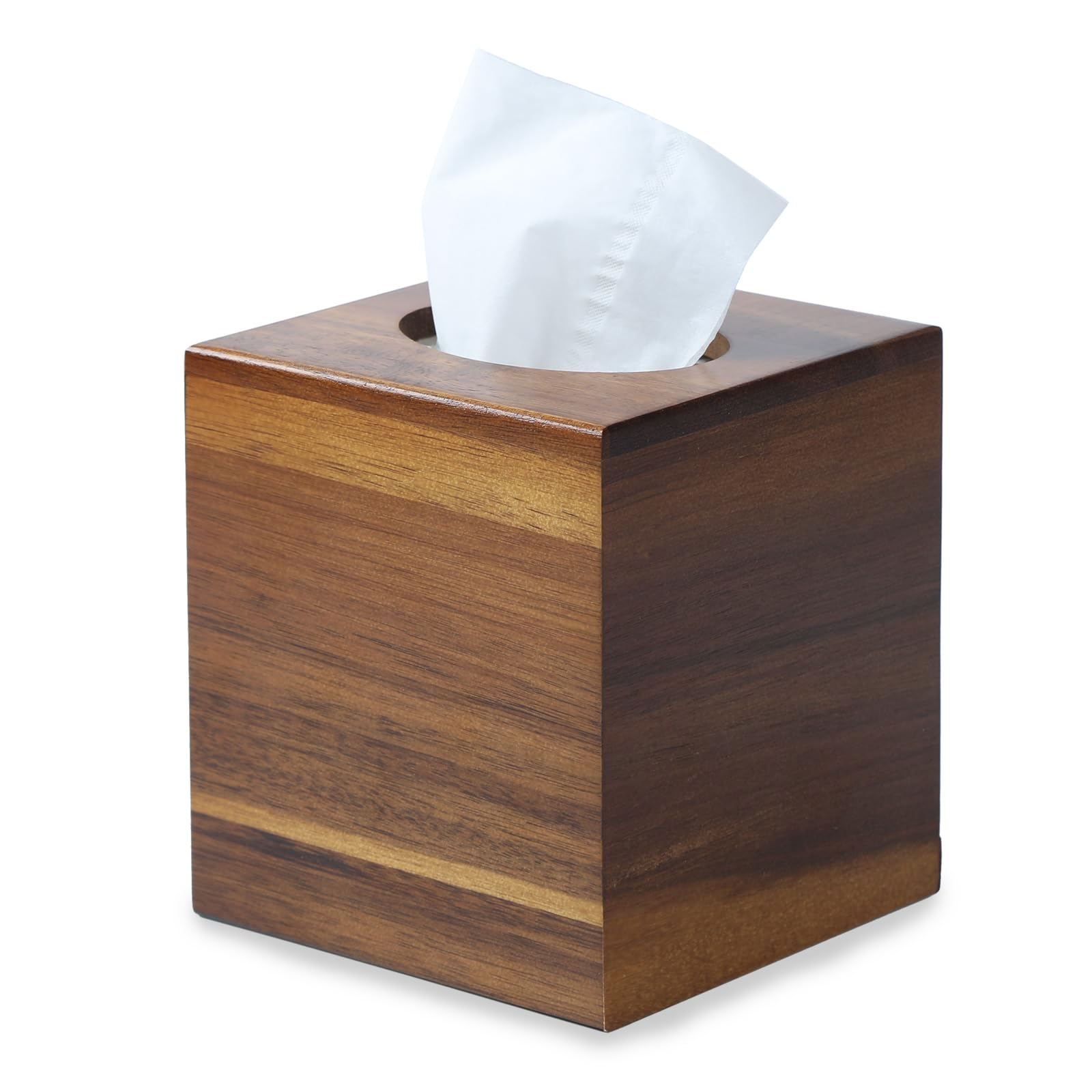 Acacia Wood Tissue Box Cover, Square Wooden Tissue Holder for Bathroom, Living Room, Dining Table, Decorative Cube Facial Tissue Box Cover, 13.5 x