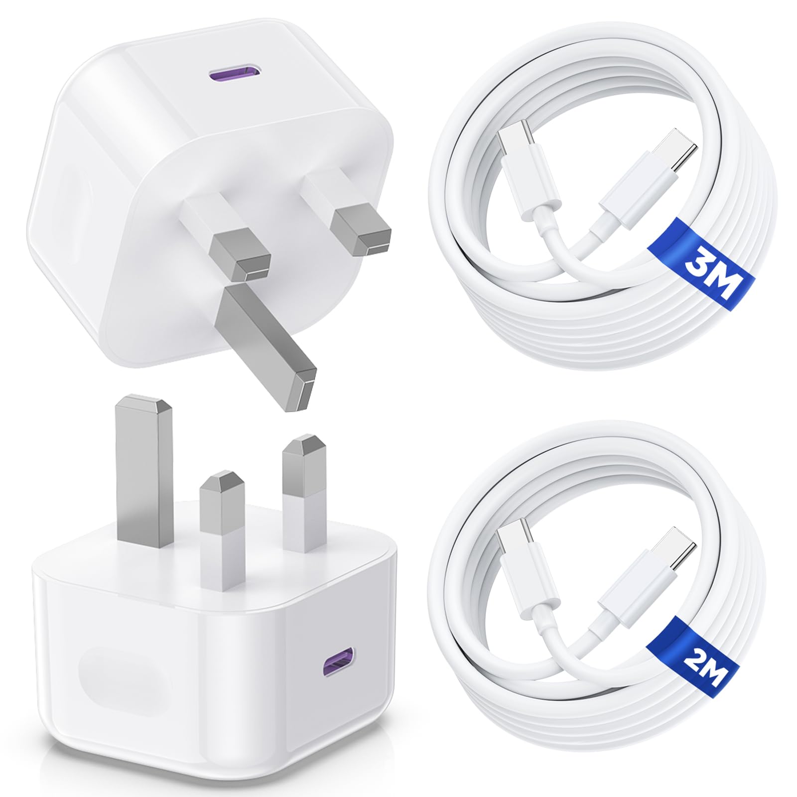 for iPhone 17 16 15 Pro Max USB C Charger,2Pack 20W USB-C Power Adapter Fast Charge with 2M+3M USBC to C Cable,Type C UK Charger Plug for iPhone