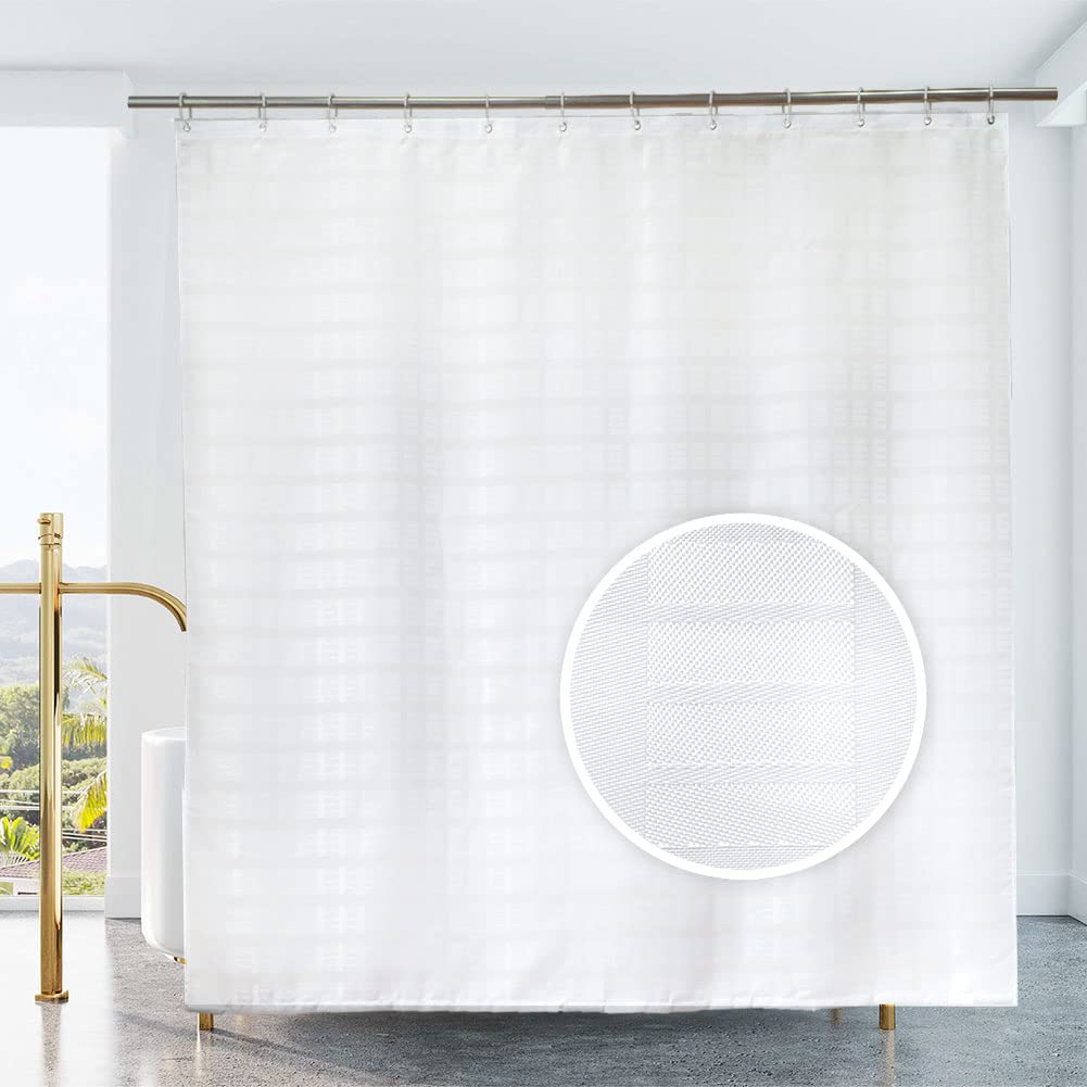 YISURE Extra Long Shower Curtain, White Jacquard 180x220cm, Waterproof Fabric with Hooks 71"x87"