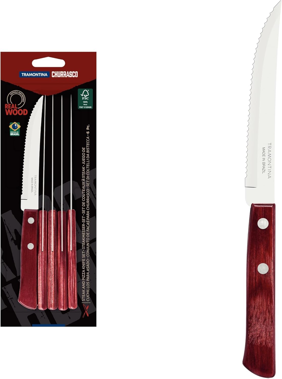 Tramontina 6 Piece Steak/Pizza Knife Set, Red Colour, Sharp Knife Set with Wooden Handles, ?Camping, Kitchen, Rustic, Dishwasher Safe, 5-Inches,