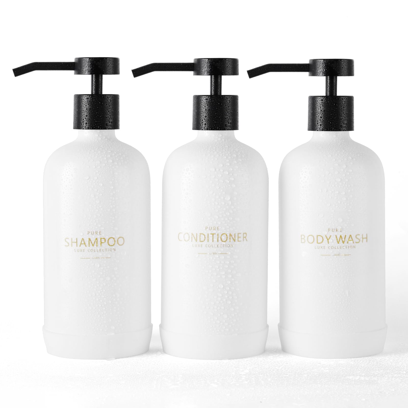 Janxin Shampoo and Conditioner Dispenser Refillable 621ML with Silicone Anti-Slip Protective Pad with Waterproof Labels for Bathroom, 3 Pack (White)
