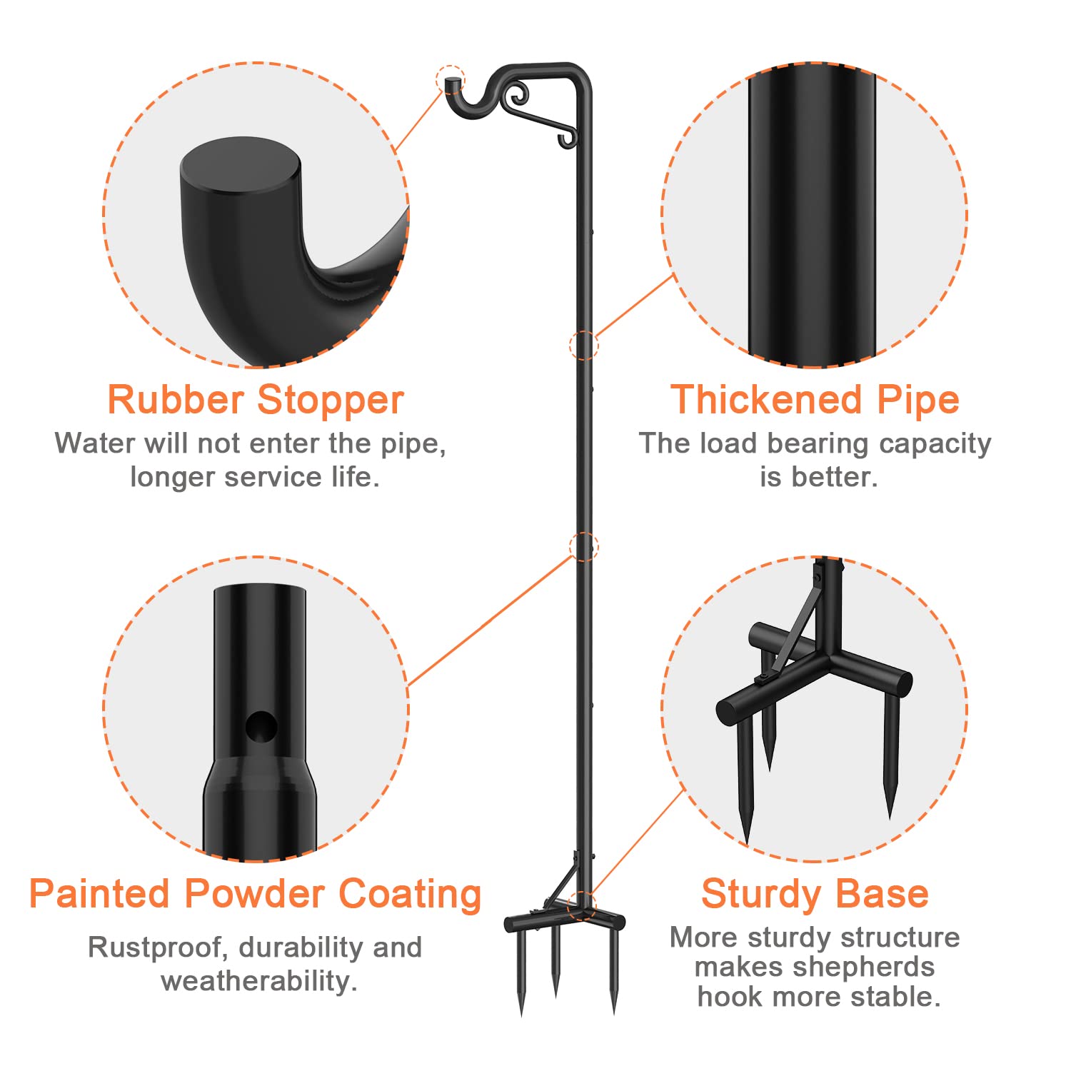 Bomclap Shepherd Hook for Outdoor Use, Pack of 2, 75 inches/190 cm, Adjustable, Durable, Weather Resistant, Black, Rustic Style, Garden Decoration