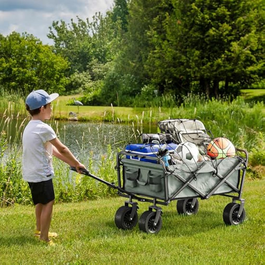 YITAHOME Beach Trolley with Big Universal Wheels, Folding Wagon with table 2 Drink Holders, Large Capacity 220 lbs Adjustable Handle Height, Festival Trolley for Outdoor Garden Picnics (Gray)