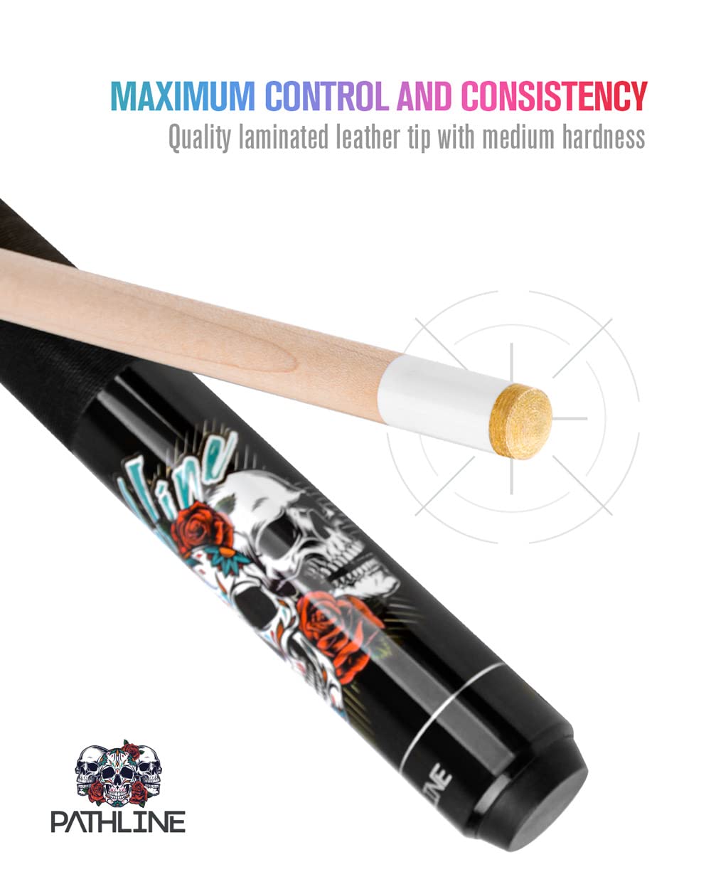 Pathline PL518 Pool Cue Stick - 58" Canadian Maple 13mm Tip Billiard Pool Stick(Black/Skull - 21oz)