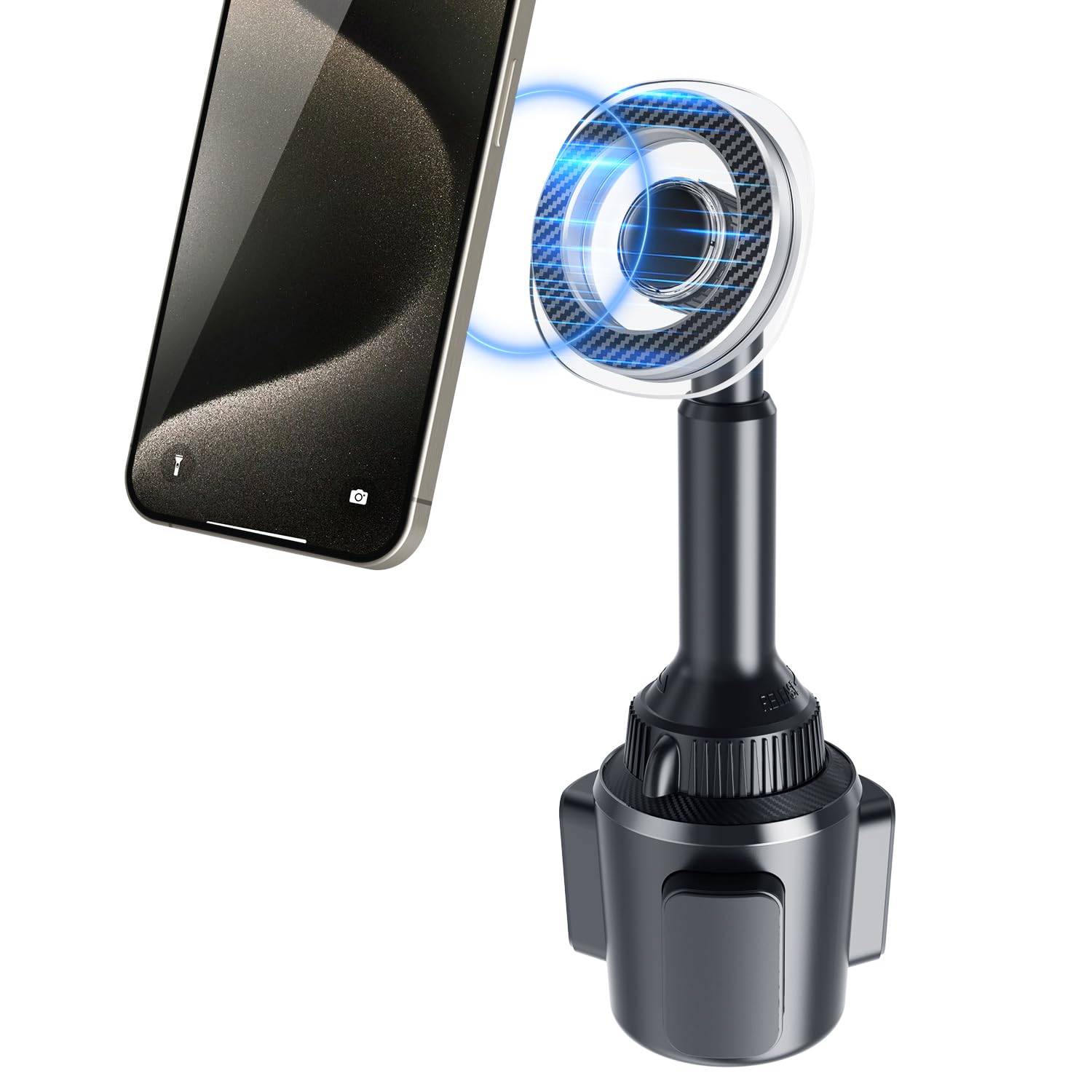 OQTIQ Phone Cup Holder for Car Mount Compatible with MagSafe, Quick Extension Long Arm and 360? Rotation, Fits 3"-4" Cup Holders - Stable & Secure for