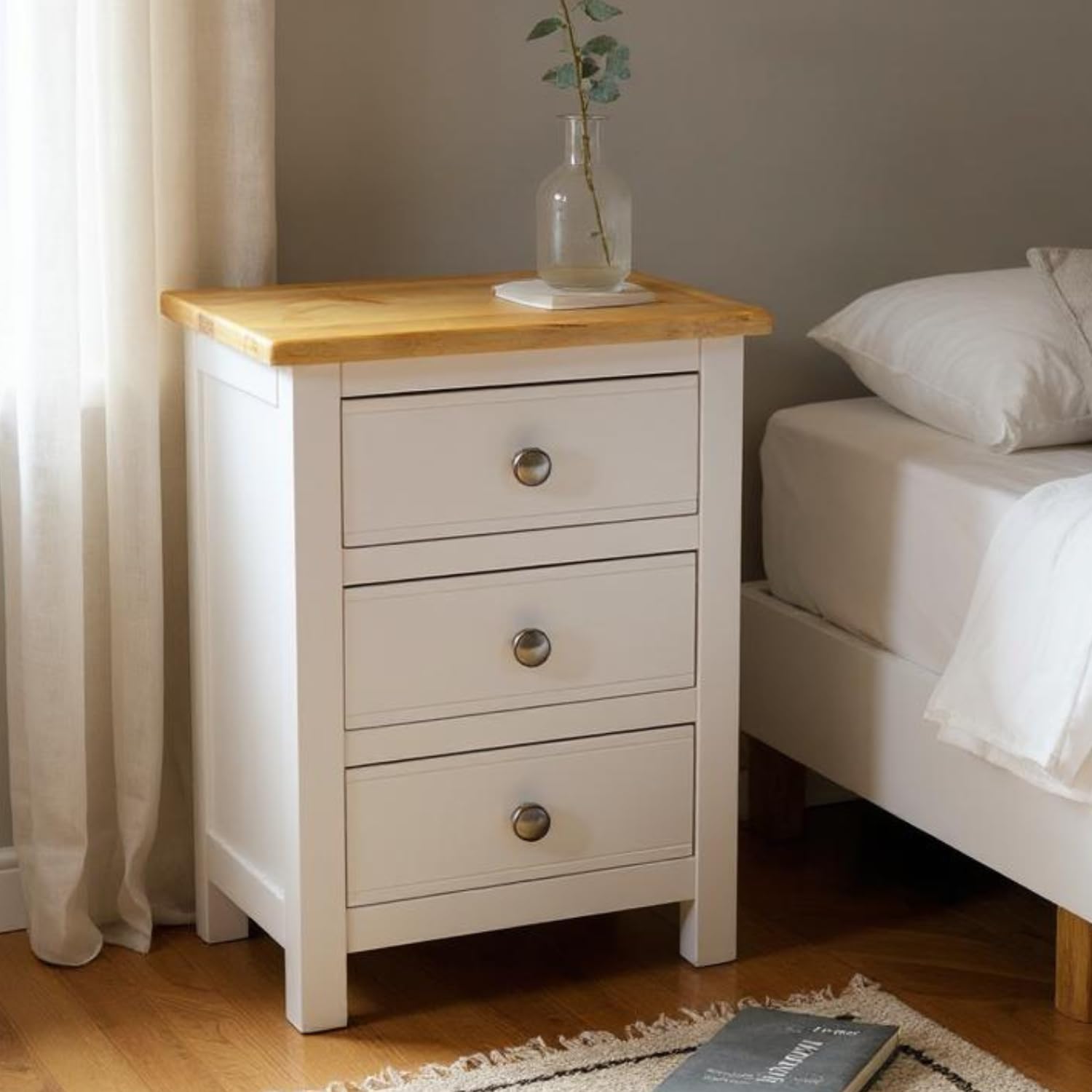 GROFurniture Bedside Table 3 Drawers, Solid Wooden Side End Bedside Cabinet with Oak Top, Narrow Bedside, Oak Side Table for Bedroom or Livingroom,