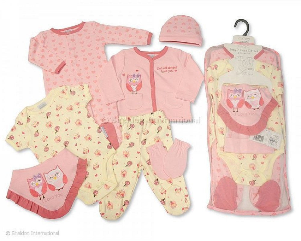 Nursery Time NT0692 Owl design 7 piece Pink/Cream gift set. Available for Newborn to 6 months in 3 sizes. (3-6 months Pink)