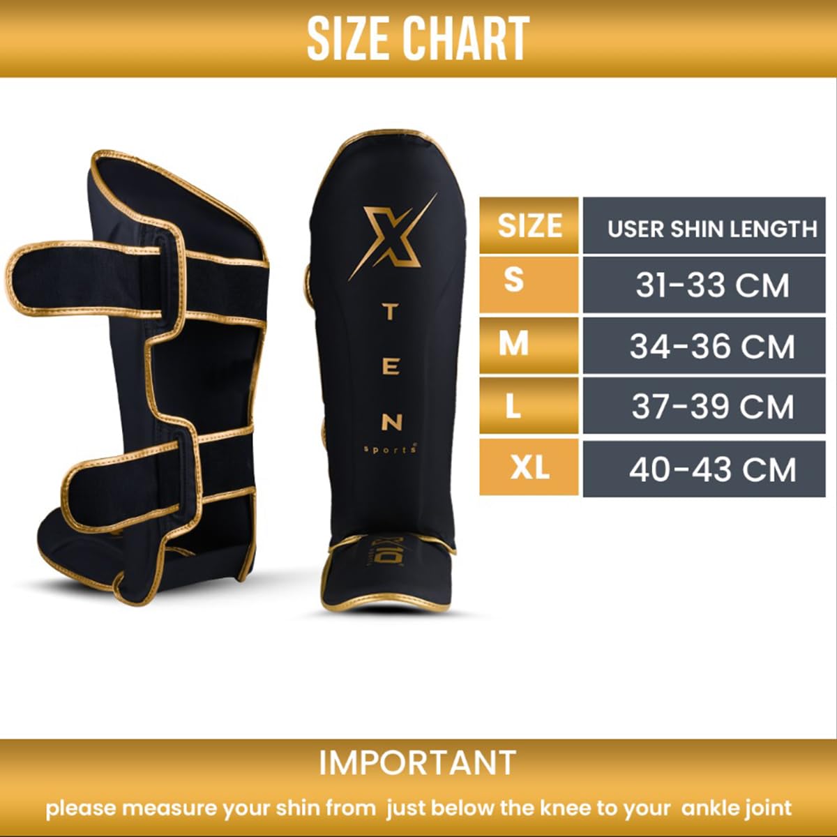 XTEN SPORTS Shin Guards Muay Thai, MMA, Gel Integrated Padding, Training Sparring, Boxing, Kickboxing, BJJ, Taekwondo Protective Gear, Golden, XL