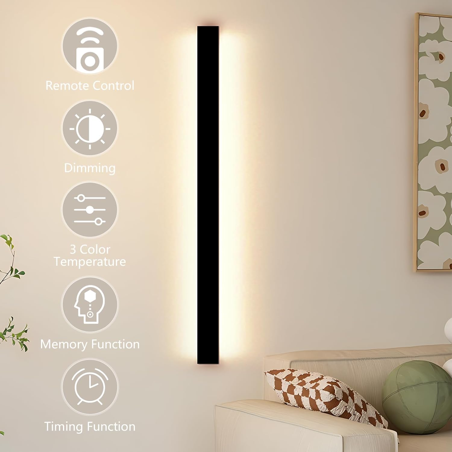 LED Wall Light Long Strip Dimmable 3000 6500K App Remote Control 100cm SUCIKORIO