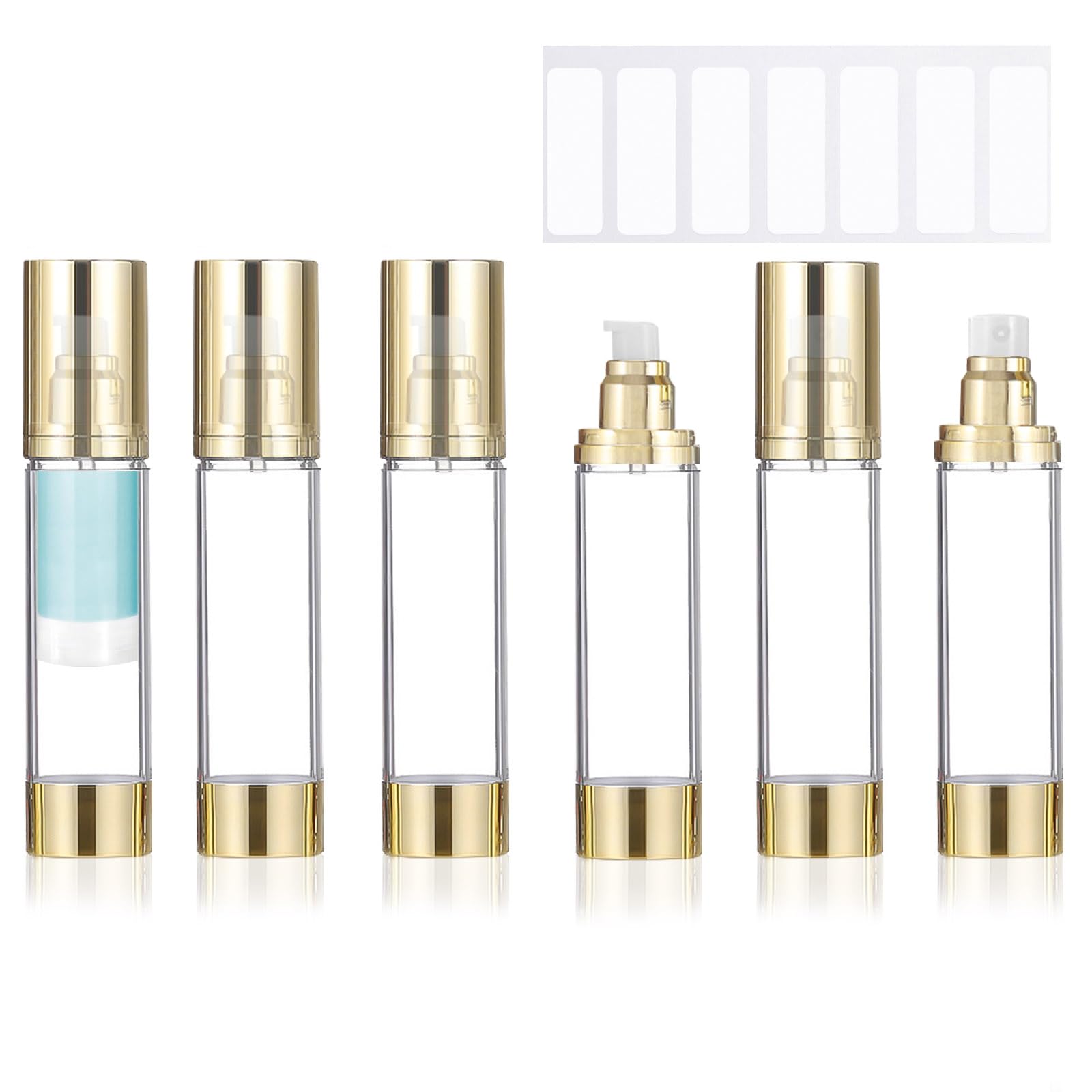 6Pcs 1.7oz/50ml Airless Pump Bottle Dispenser, Clear Empty Shampoo Bottles, Travel Lotion Container with Labels for Foundations Cream Serums Shampoo