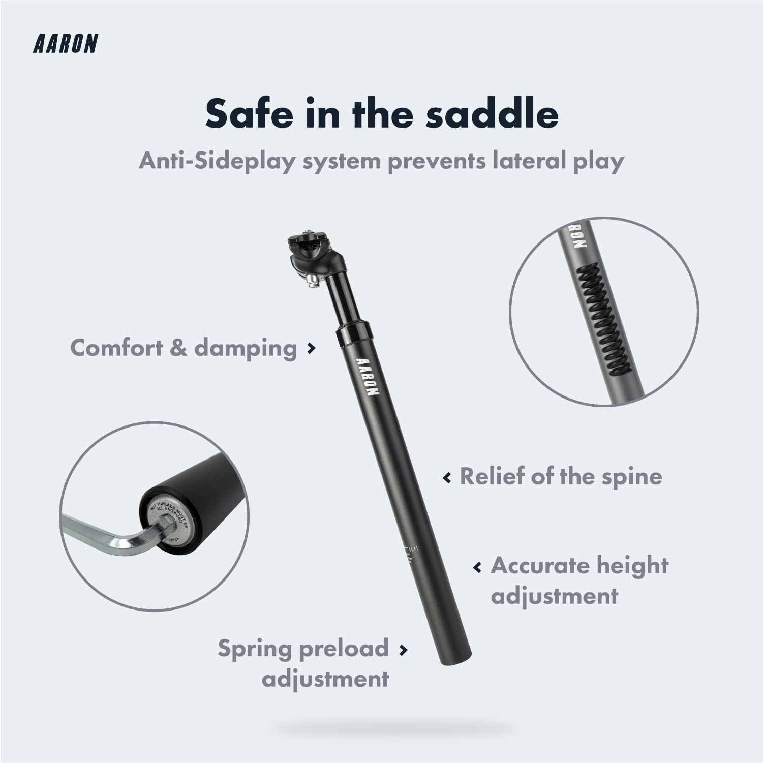 AARON - Spring Suspension Bike Seat Post - Aluminum Saddle Seatpost for E Bicycle, MTB, Trekking Bikes, City Bikes - 27.2mm Diameter, 13.8" (350mm)