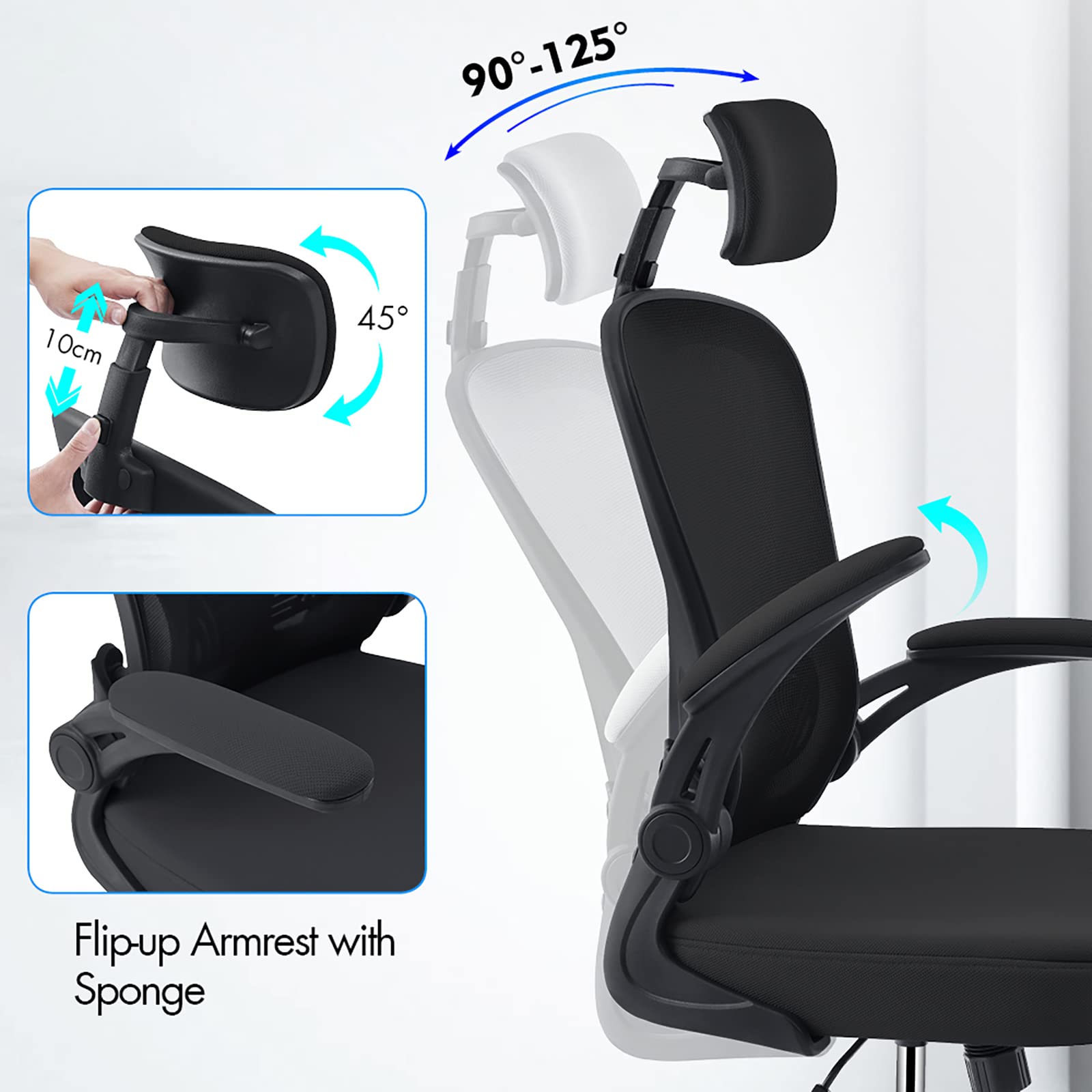 OWAY HOMELIVING Ergonomic Office Chair with Adjustable Lumbar Support & High-Back Mesh Desk Chair 150kg Weight Capacity & 125 Recline & Flip-Up