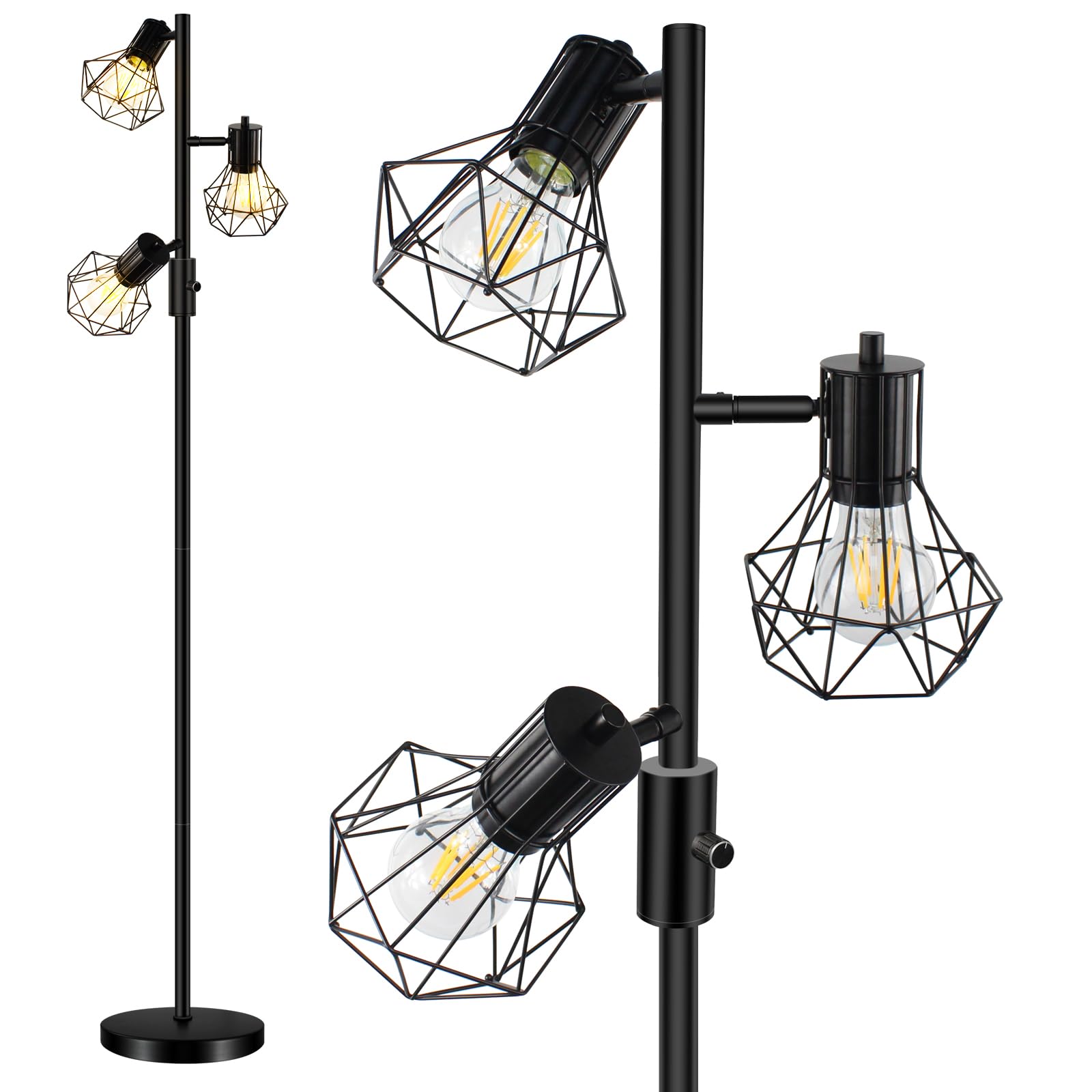 HiBay Stepless Dimmable Industrial LED Floor Lamp, 3-Light Adjustable Farmhouse Floor Lamps with 3 x 8W 800LM Bulbs, Rustic Standing Tree Light Room
