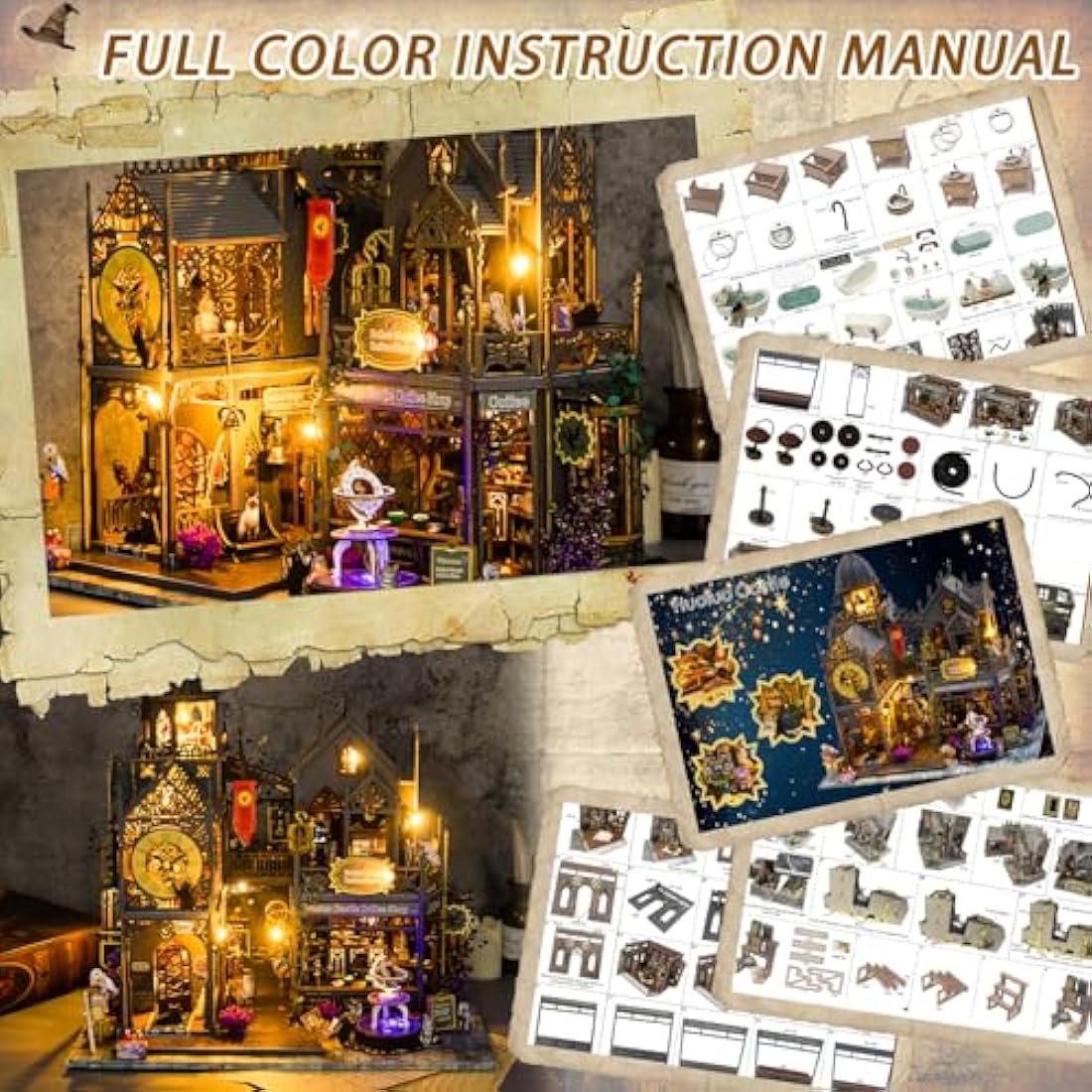 Mostop DIY Miniature Dollhouse Kit, Wooden Dollhouse Kit Miniature House Kit with LED Light,Creative Room Idea for Kids/Adults Magic House DIY Kits (Huoluo Castle)